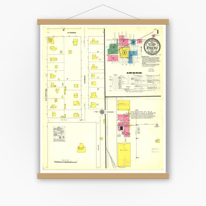 Old map wall art mockup — magnetic wood frame on white wall — Sanborn Fire Insurance Map from Athens, Henderson County, Texas (1912), Sheet #0001