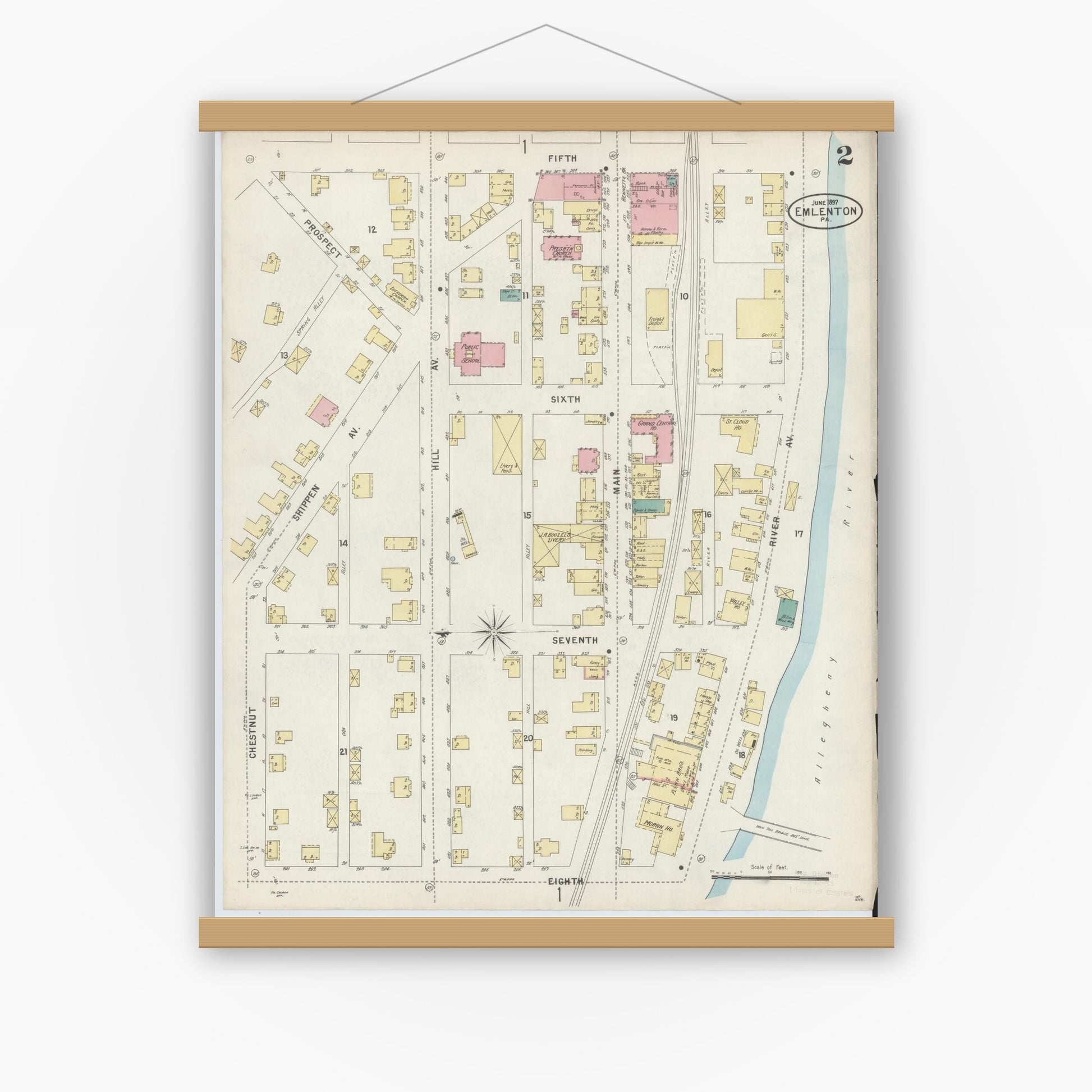 Old map wall art mockup — magnetic wood frame on white wall — Sanborn Fire Insurance Map from Emlenton, Venango County, Pennsylvania (1897), Sheet #0002