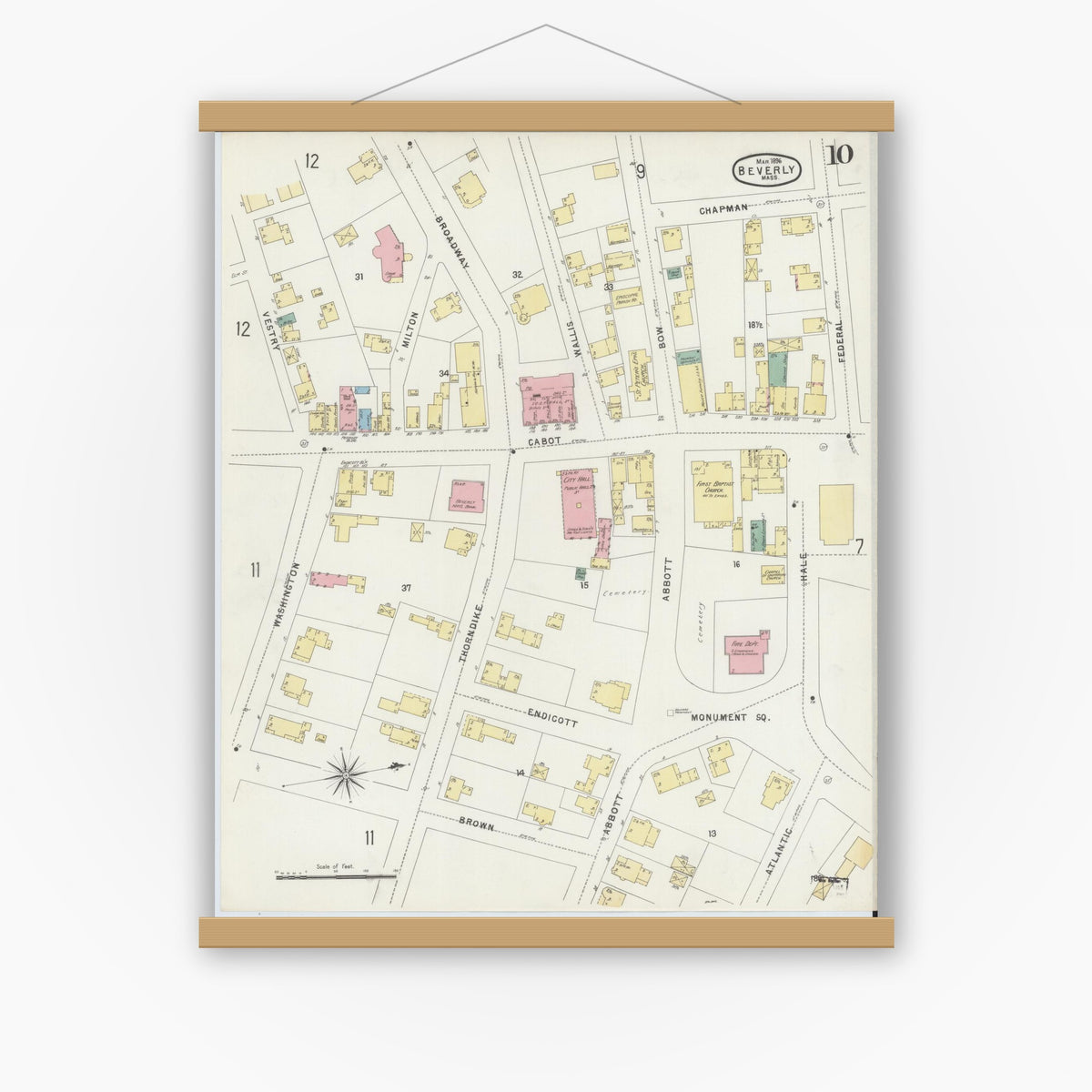 Old map wall art mockup — magnetic wood frame on white wall — Sanborn Fire Insurance Map from Beverly, Essex County, Massachusetts (1896), Sheet #0010