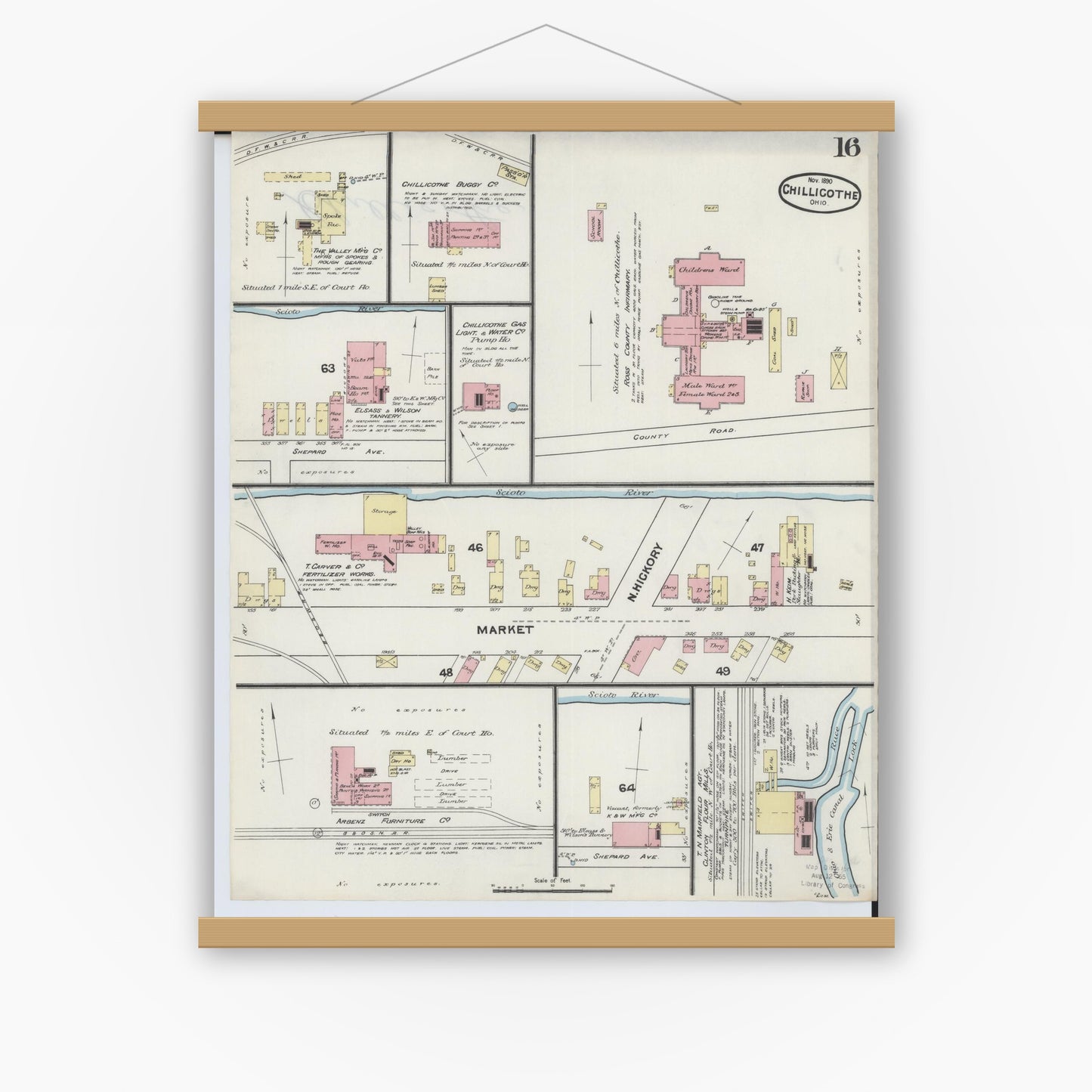 Old map wall art mockup — magnetic wood frame on white wall — Sanborn Fire Insurance Map from Chillicothe, Ross County, Ohio (1890), Sheet #0016