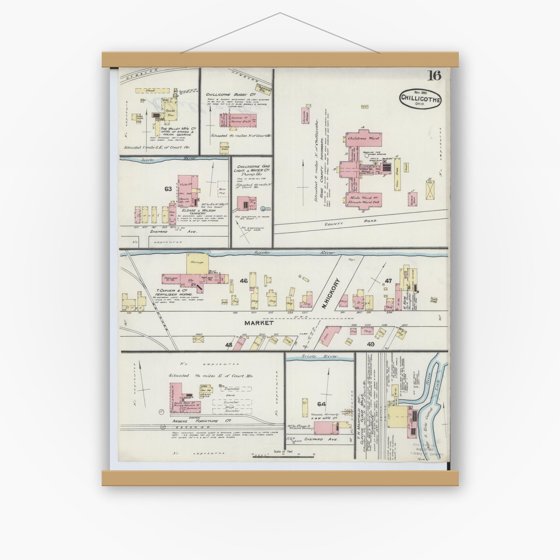 Old map wall art mockup — magnetic wood frame on white wall — Sanborn Fire Insurance Map from Chillicothe, Ross County, Ohio (1890), Sheet #0016