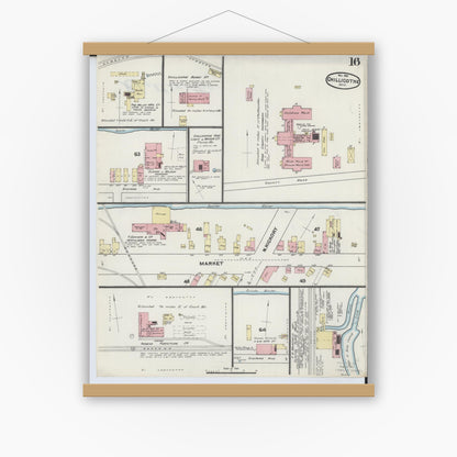 Old map wall art mockup — magnetic wood frame on white wall — Sanborn Fire Insurance Map from Chillicothe, Ross County, Ohio (1890), Sheet #0016