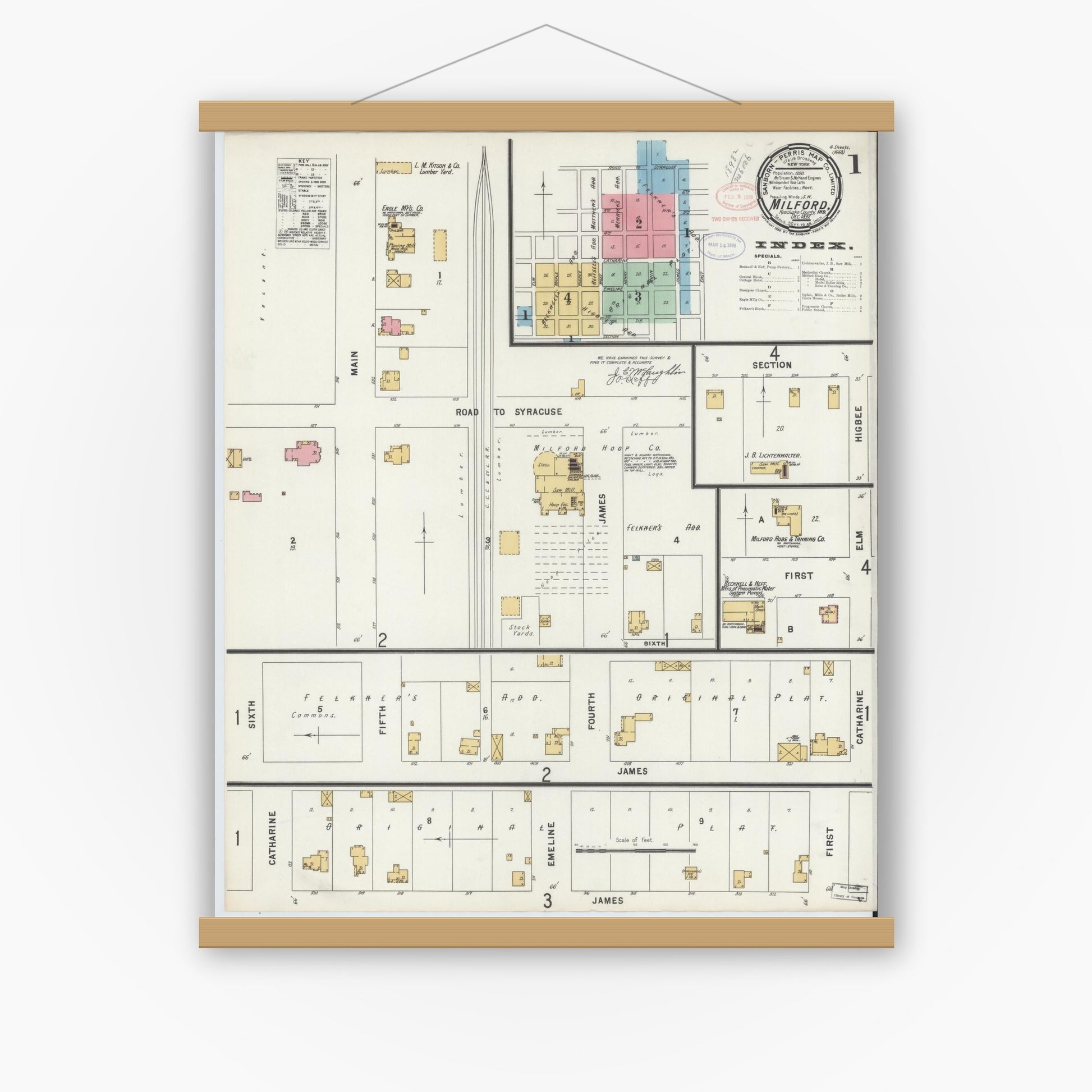 Old map wall art mockup — magnetic wood frame on white wall — Sanborn Fire Insurance Map from Milford, Kosciusko County, Indiana (1897) - Complete Map Set
