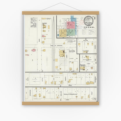 Old map wall art mockup — magnetic wood frame on white wall — Sanborn Fire Insurance Map from Milford, Kosciusko County, Indiana (1897) - Complete Map Set