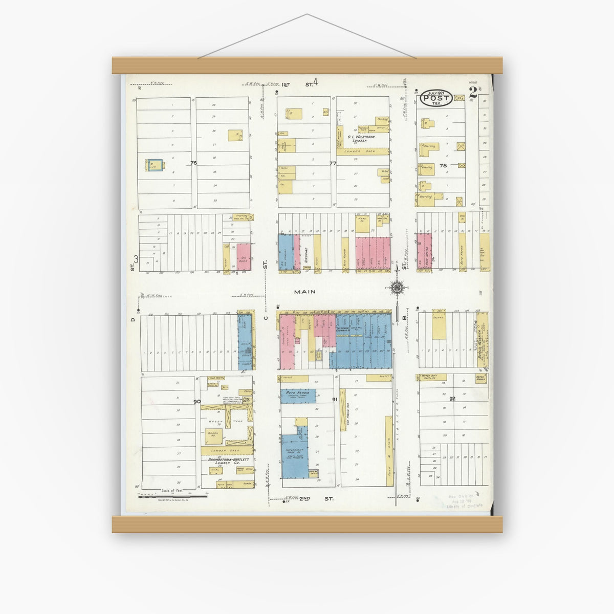 Old map wall art mockup — magnetic wood frame on white wall — Sanborn Fire Insurance Map from Post, Garza County, Texas (1921), Sheet #0002