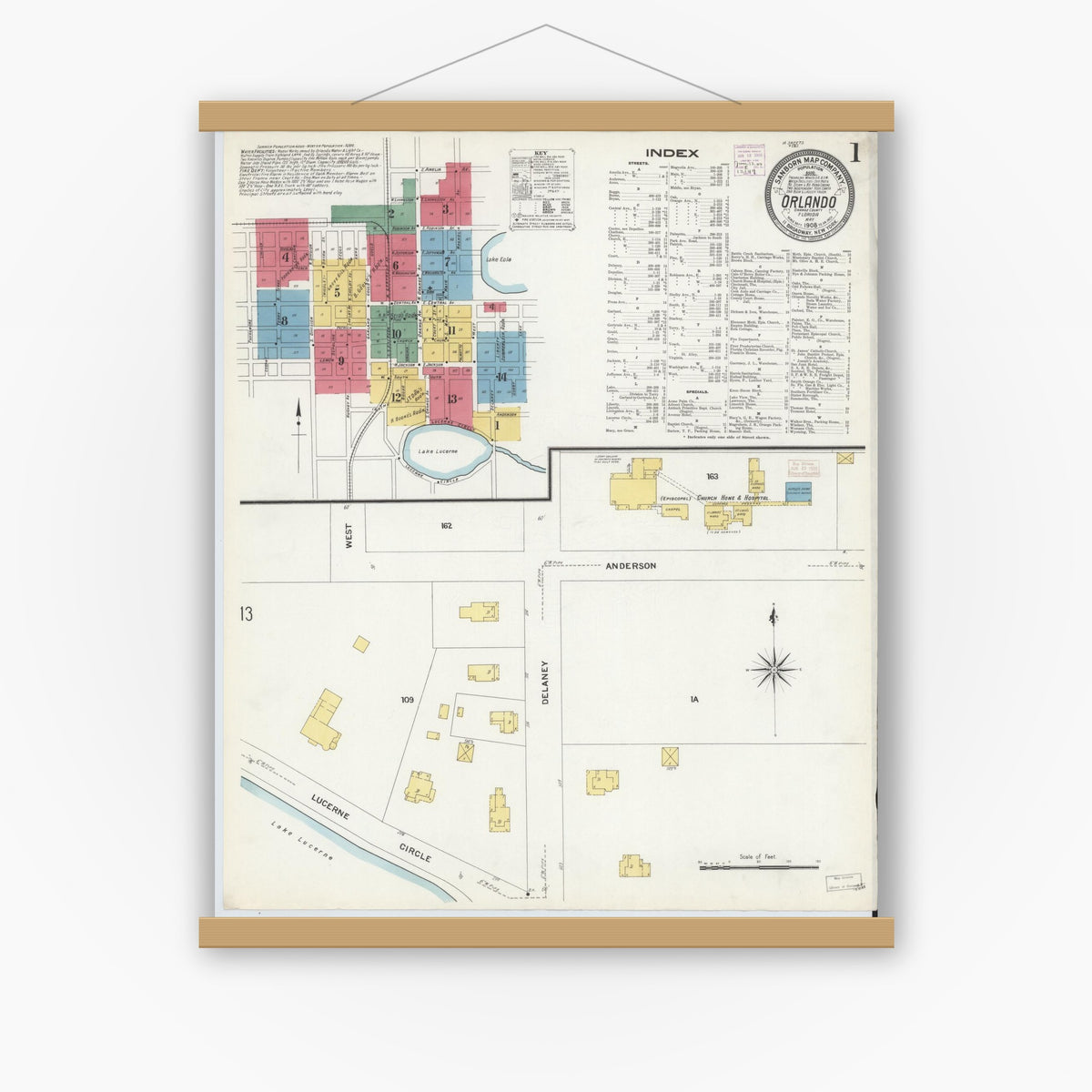 Old map wall art mockup — magnetic wood frame on white wall — Sanborn Fire Insurance Map from Orlando, Orange County, Florida (1908) - Complete Map Set