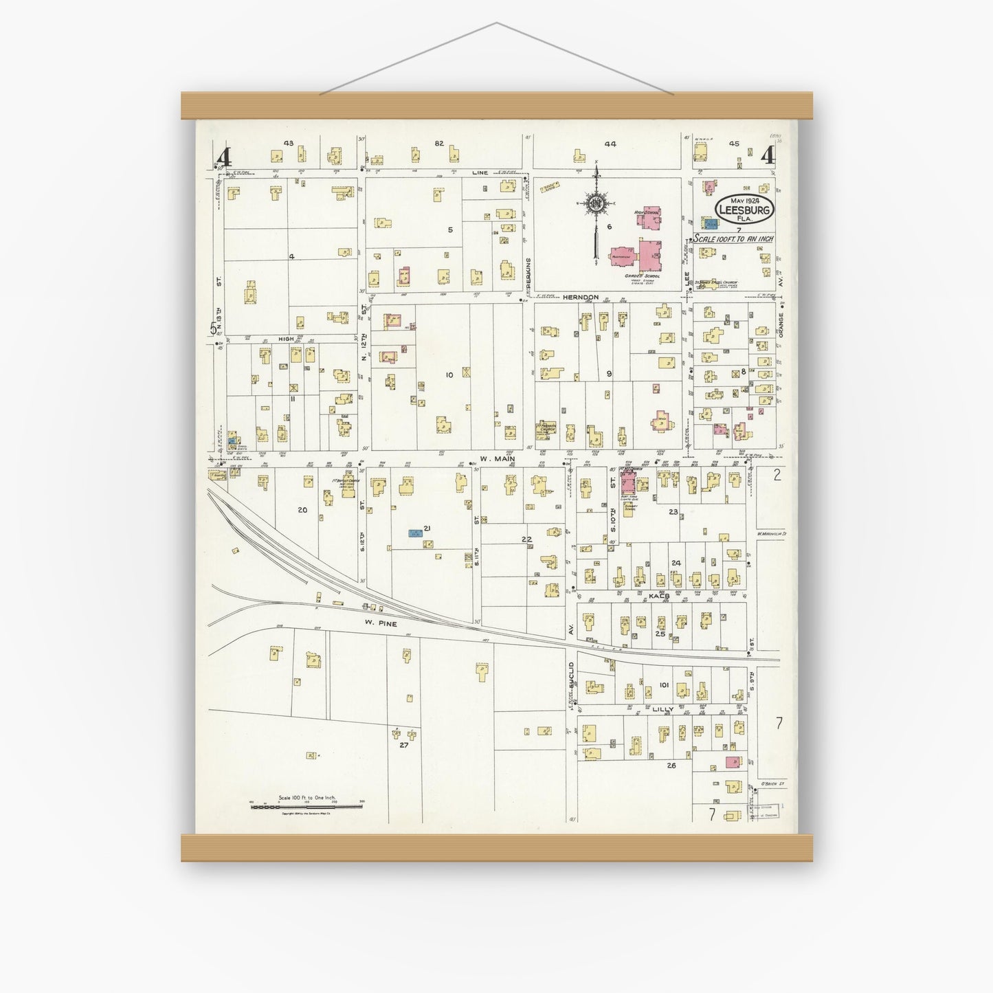 Old map wall art mockup — magnetic wood frame on white wall — Sanborn Fire Insurance Map from Leesburg, Lake County, Florida (1924), Sheet #0004