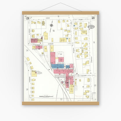 Old map wall art mockup — magnetic wood frame on white wall — Sanborn Fire Insurance Map from Gardner, Worcester County, Massachusetts (1923), Sheet #0021