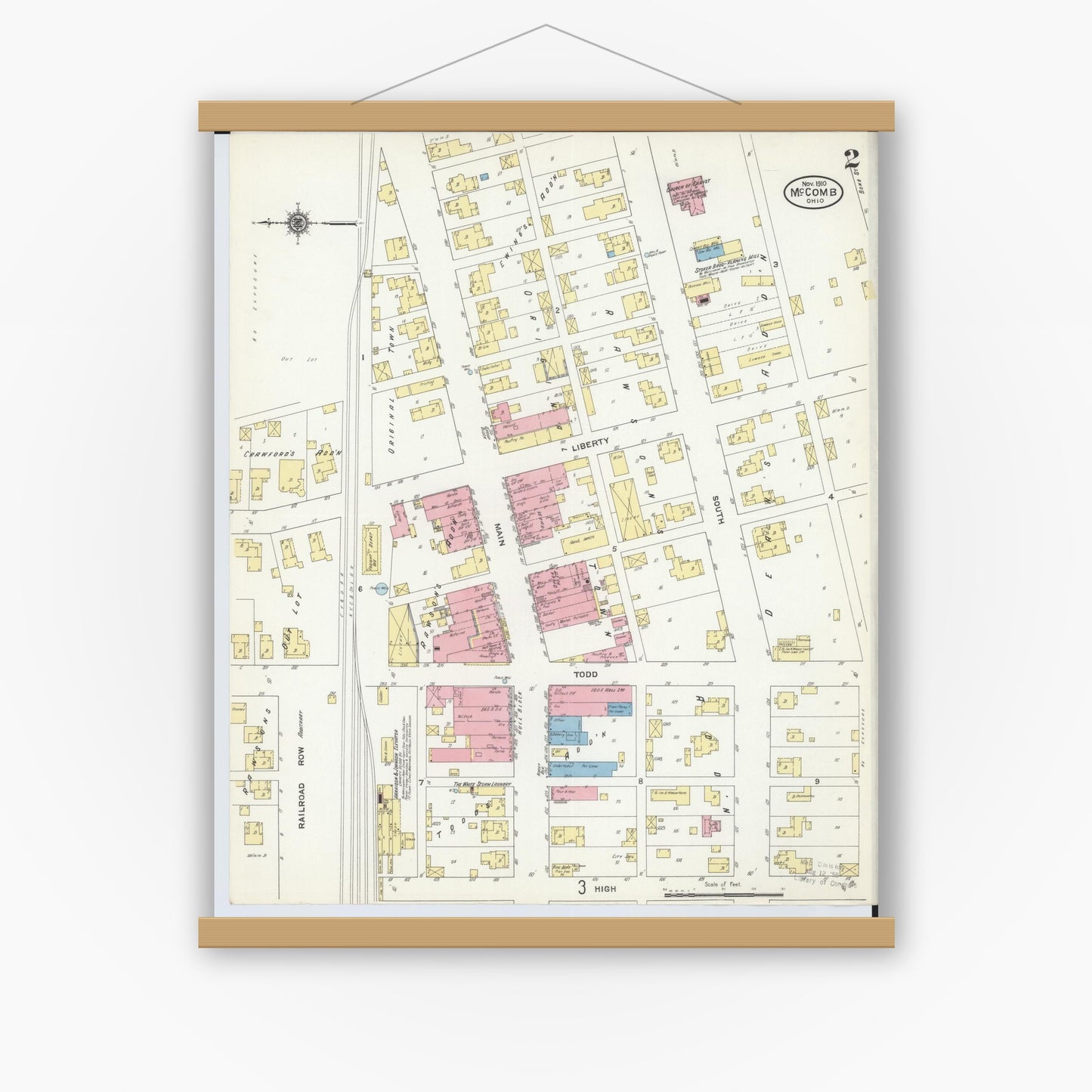 Old map wall art mockup — magnetic wood frame on white wall — Sanborn Fire Insurance Map from McComb, Hancock County, Ohio (1910), Sheet #0002
