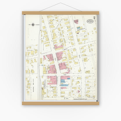 Old map wall art mockup — magnetic wood frame on white wall — Sanborn Fire Insurance Map from McComb, Hancock County, Ohio (1910), Sheet #0002