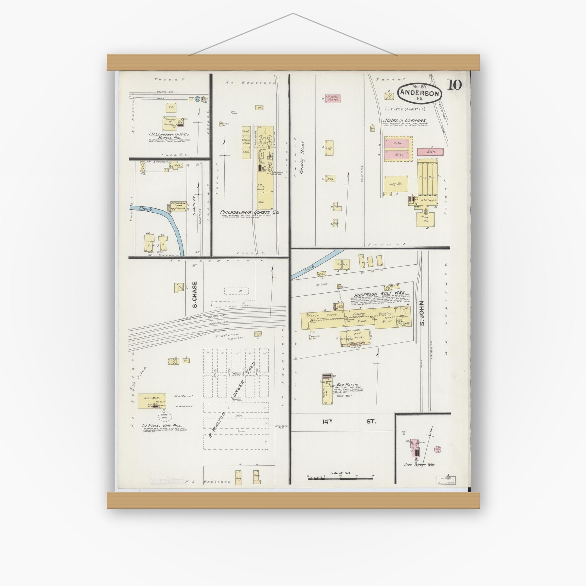 Old map wall art mockup — magnetic wood frame on white wall — Sanborn Fire Insurance Map from Anderson, Madison County, Indiana (1890), Sheet #0010