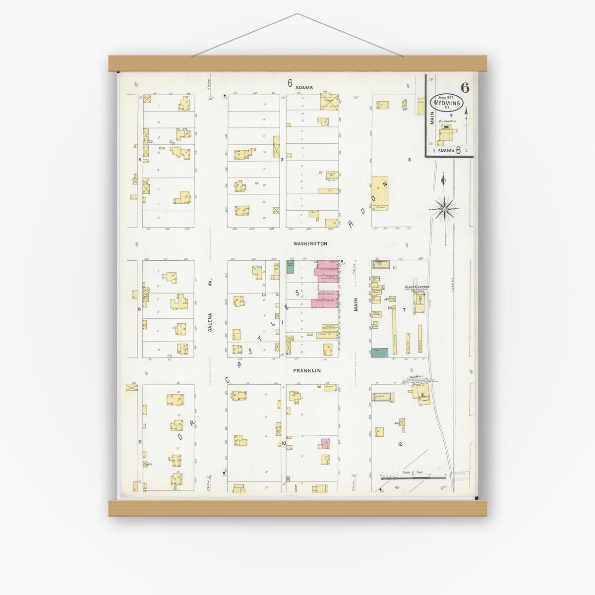 Old map wall art mockup — magnetic wood frame on white wall — Sanborn Fire Insurance Map from Wyoming, Stark County, Illinois (1907), Sheet #0006