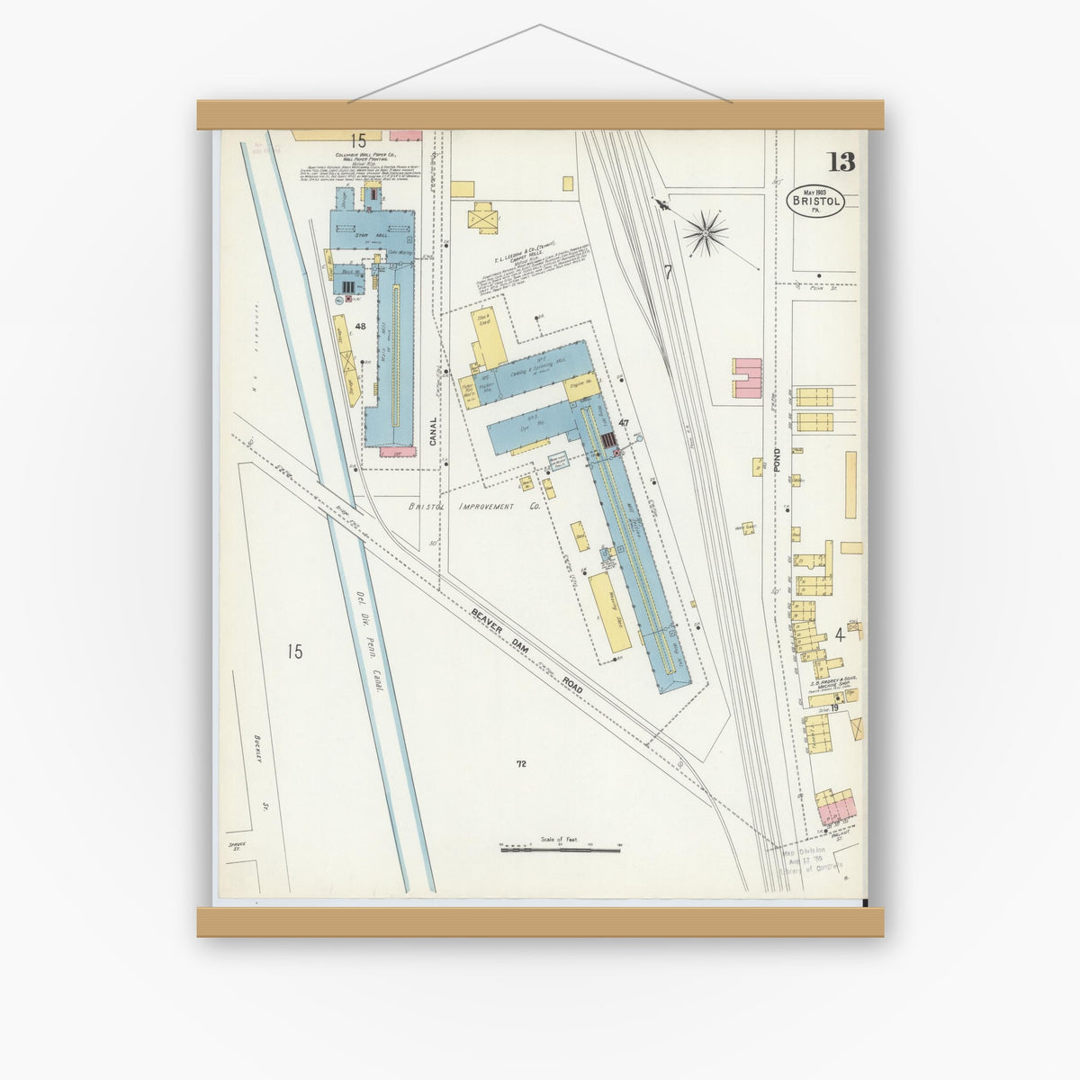 Old map wall art mockup — magnetic wood frame on white wall — Sanborn Fire Insurance Map from Bristol, Bucks County, Pennsylvania (1903), Sheet #0013