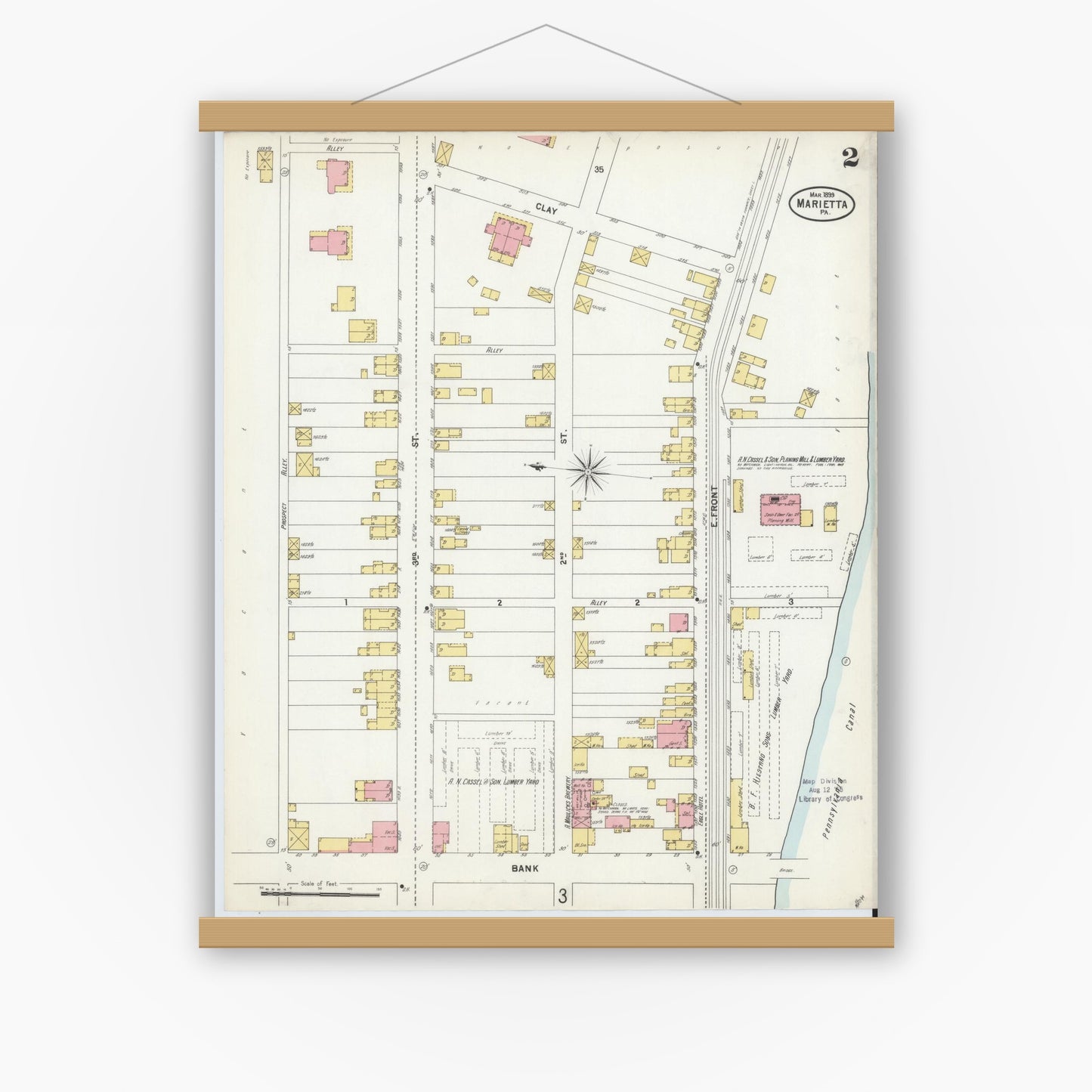 Old map wall art mockup — magnetic wood frame on white wall — Sanborn Fire Insurance Map from Marietta, Lancaster County, Pennsylvania (1899), Sheet #0002