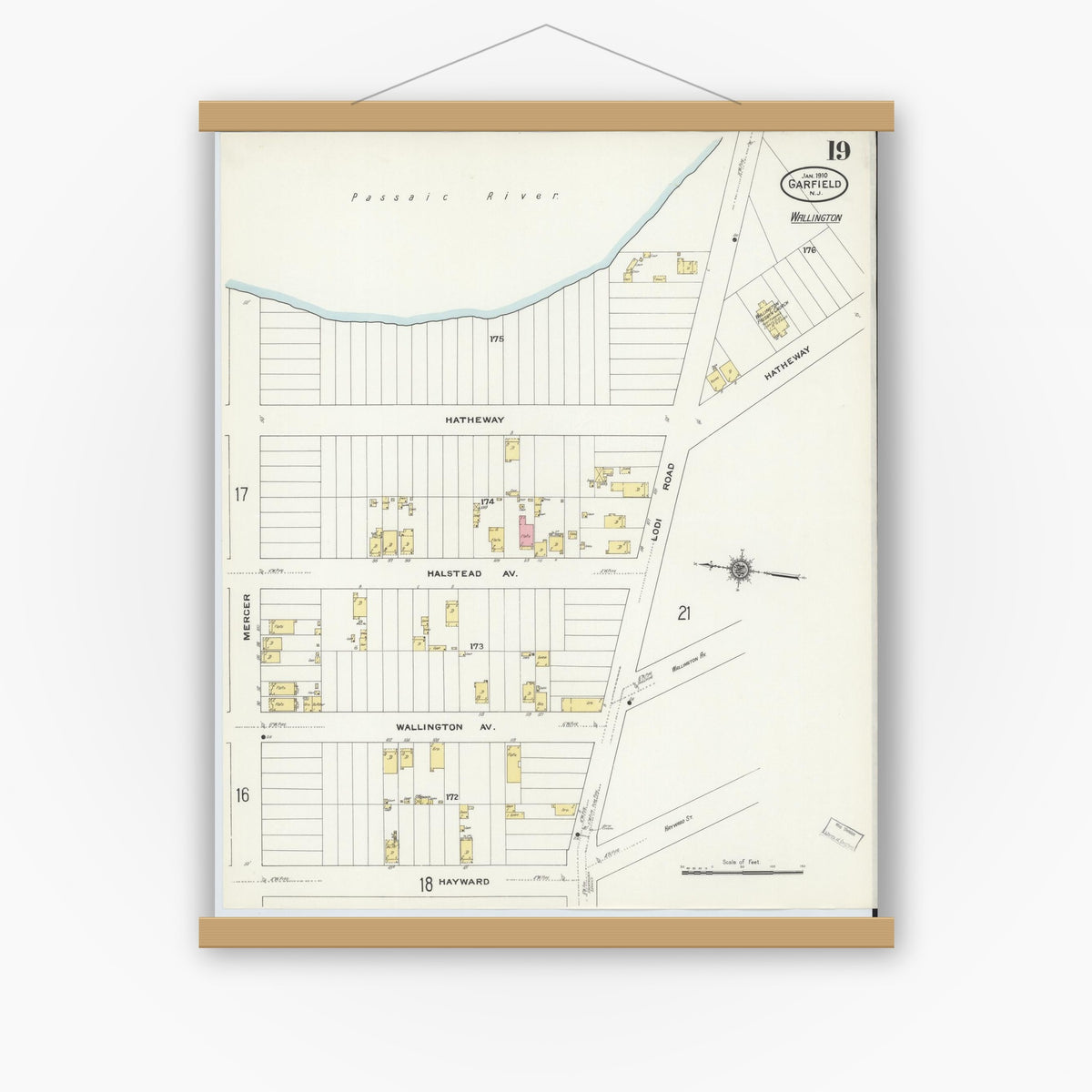 Old map wall art mockup — magnetic wood frame on white wall — Sanborn Fire Insurance Map from Garfield, Bergen County, New Jersey (1910), Sheet #0019