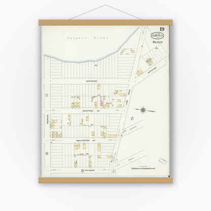 Old map wall art mockup — magnetic wood frame on white wall — Sanborn Fire Insurance Map from Garfield, Bergen County, New Jersey (1910), Sheet #0019