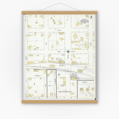 Old map wall art mockup — magnetic wood frame on white wall — Sanborn Fire Insurance Map from Chesaning, Saginaw County, Michigan (1910), Sheet #0003