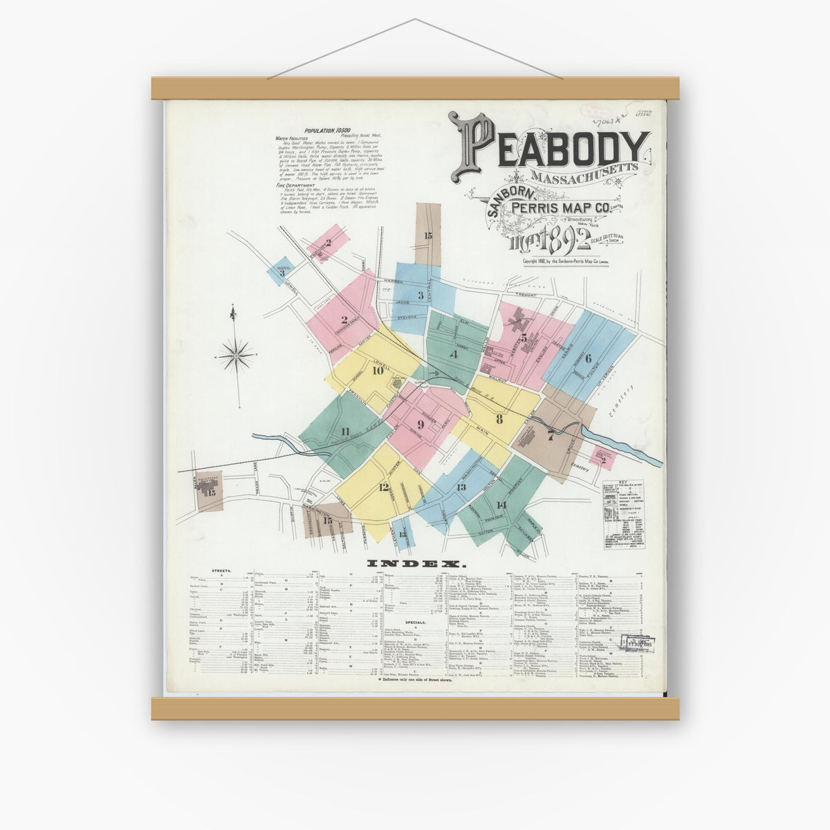 Old map wall art mockup — magnetic wood frame on white wall — Sanborn Fire Insurance Map from Peabody, Essex County, Massachusetts (1892), Sheet #0001