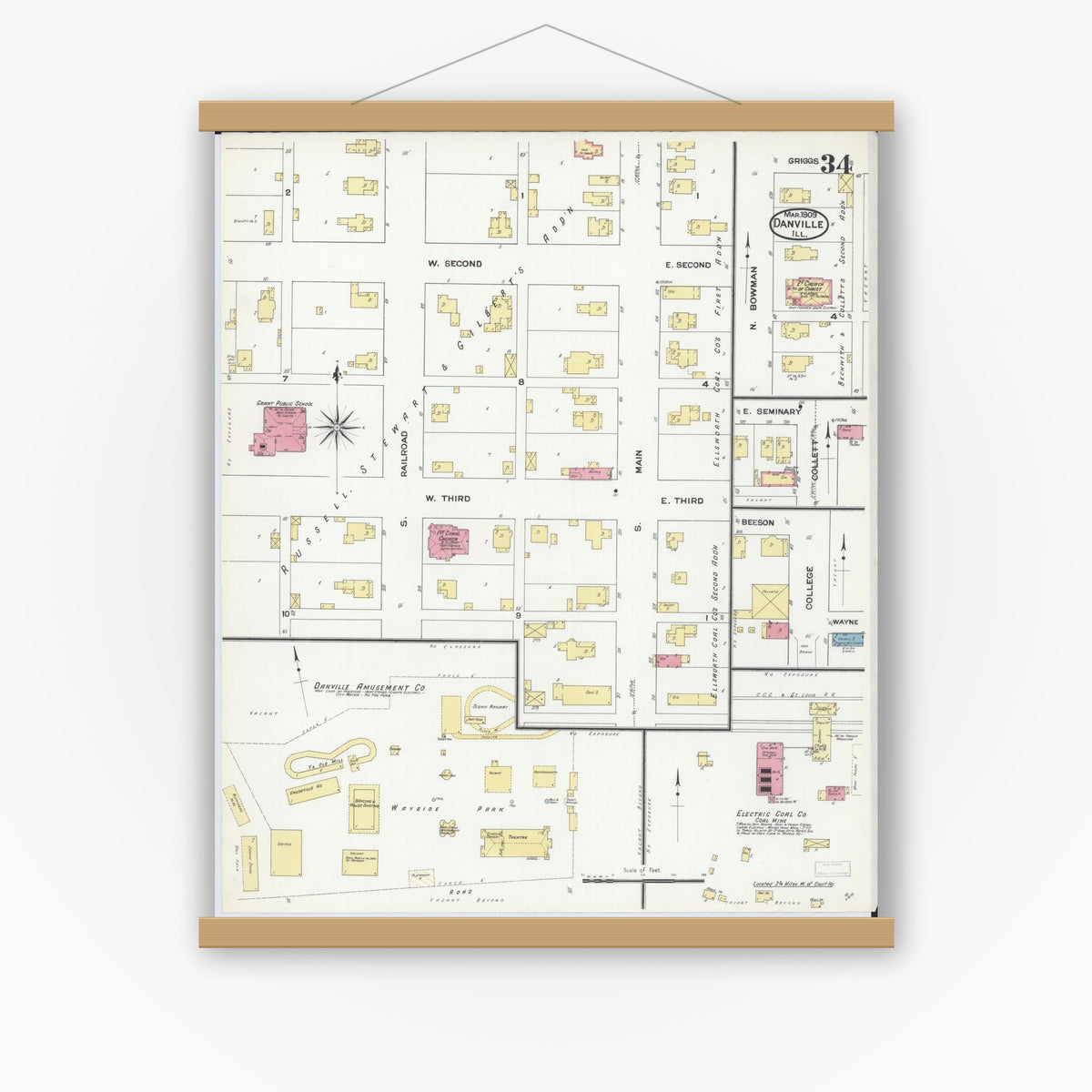 Old map wall art mockup — magnetic wood frame on white wall — Sanborn Fire Insurance Map from Danville, Vermilion County, Illinois (1909), Sheet #0034