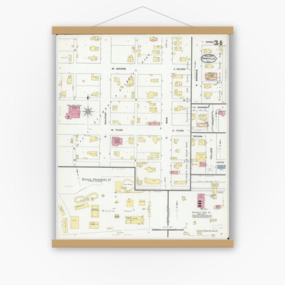 Old map wall art mockup — magnetic wood frame on white wall — Sanborn Fire Insurance Map from Danville, Vermilion County, Illinois (1909), Sheet #0034