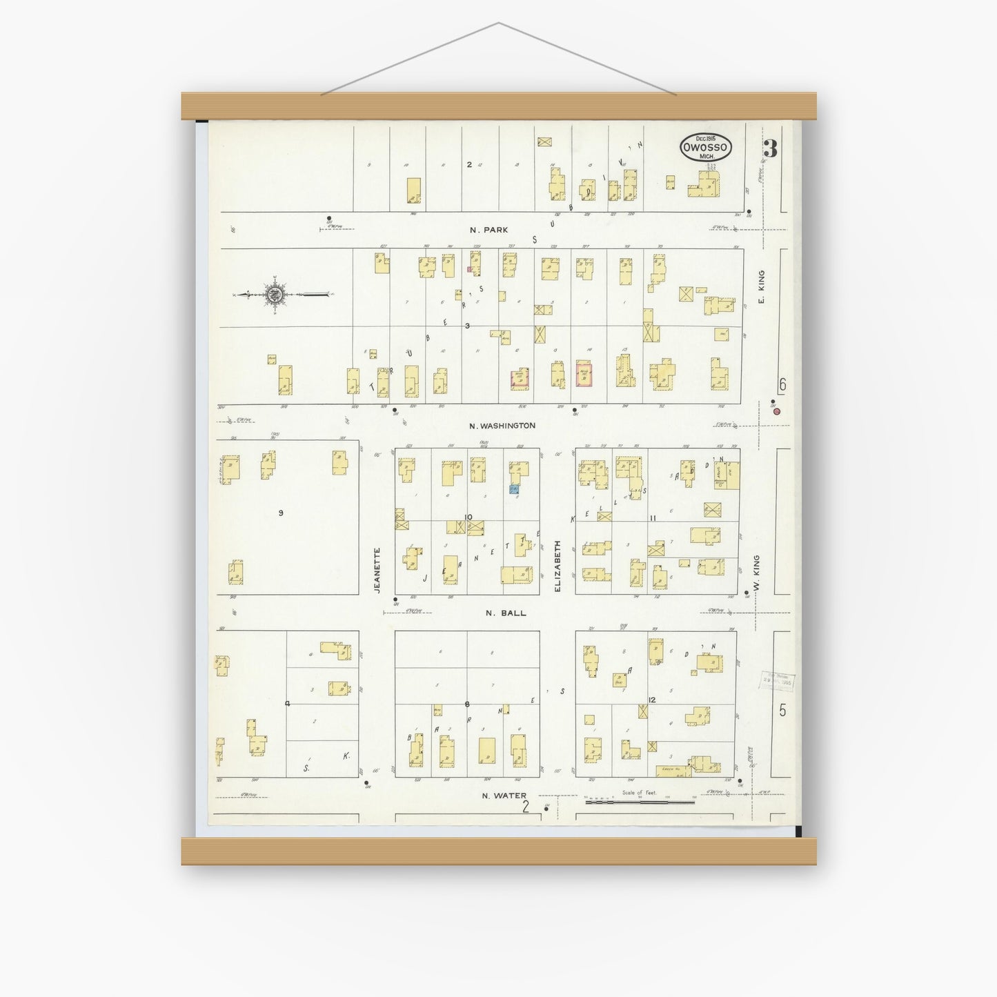 Old map wall art mockup — magnetic wood frame on white wall — Sanborn Fire Insurance Map from Owosso, Shiawassee County, Michigan (1915), Sheet #0003