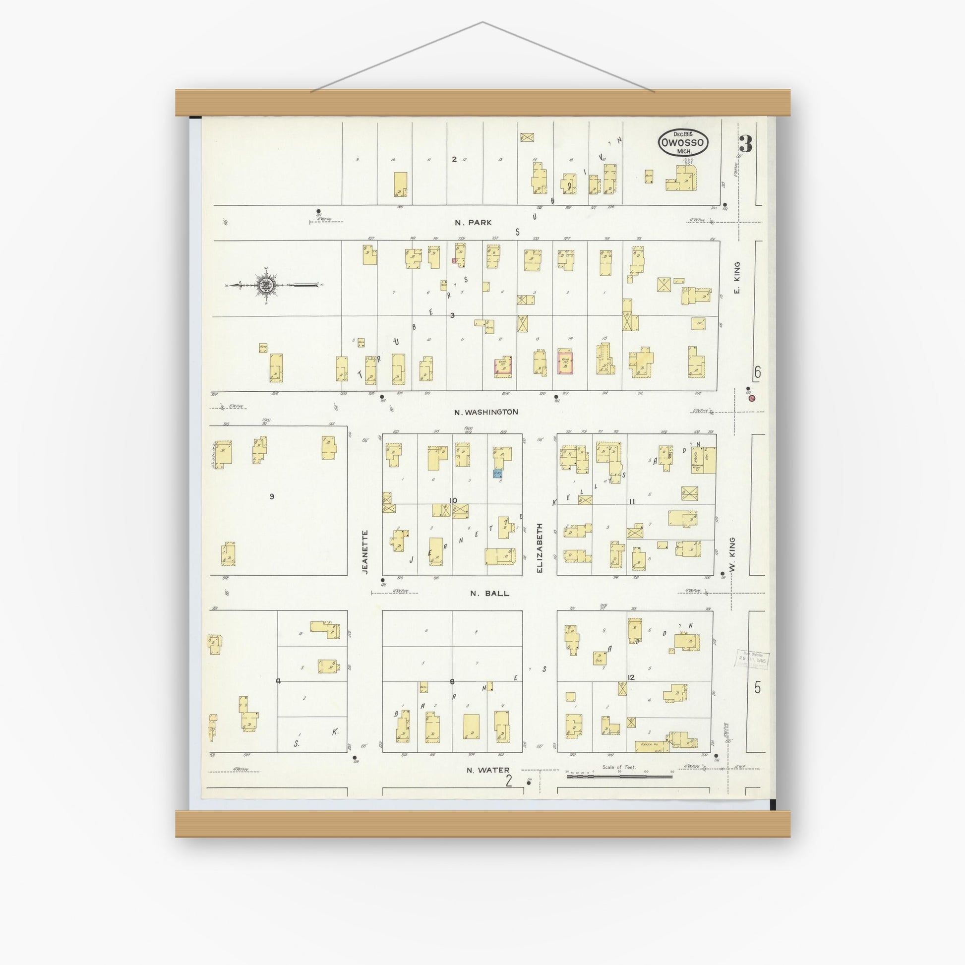 Old map wall art mockup — magnetic wood frame on white wall — Sanborn Fire Insurance Map from Owosso, Shiawassee County, Michigan (1915), Sheet #0003