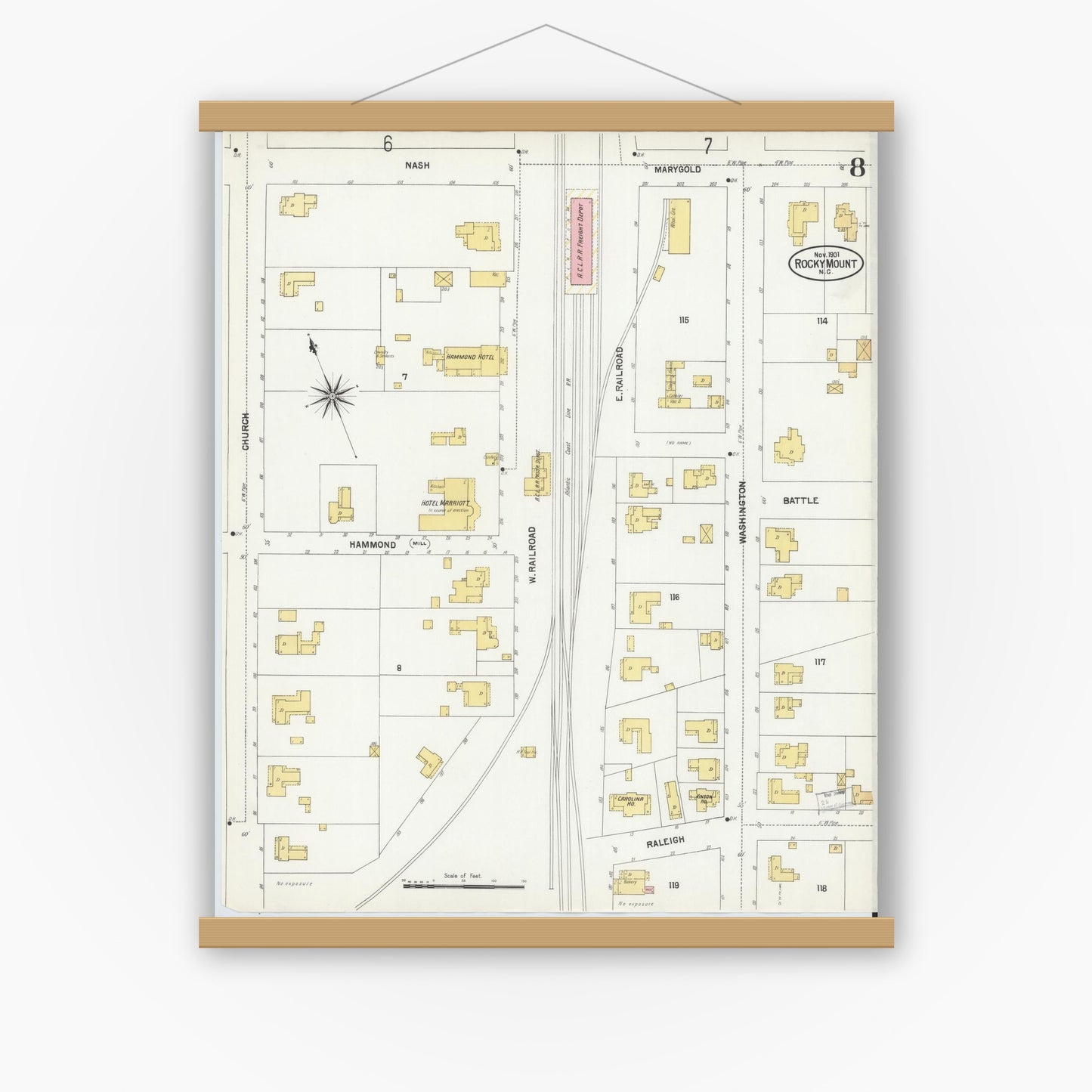Old map wall art mockup — magnetic wood frame on white wall — Sanborn Fire Insurance Map from Rocky Mount, Edgecombe And Nash Counties, North Carolina (1901), Sheet #0008