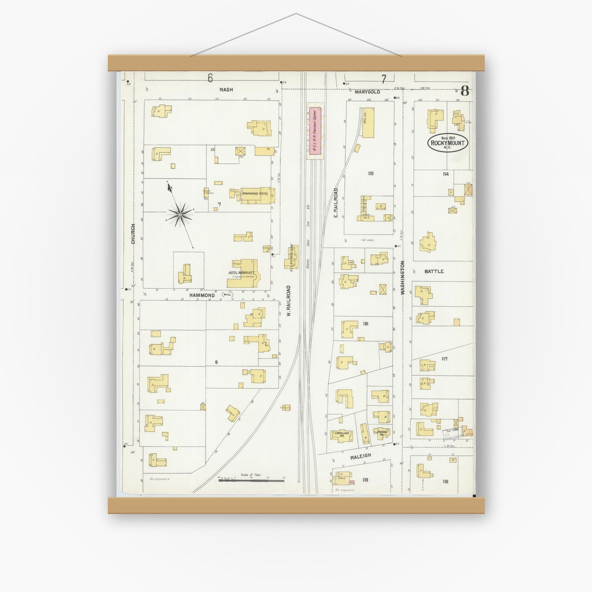 Old map wall art mockup — magnetic wood frame on white wall — Sanborn Fire Insurance Map from Rocky Mount, Edgecombe And Nash Counties, North Carolina (1901), Sheet #0008