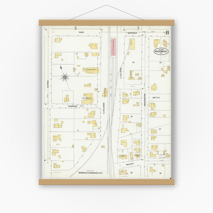 Old map wall art mockup — magnetic wood frame on white wall — Sanborn Fire Insurance Map from Rocky Mount, Edgecombe And Nash Counties, North Carolina (1901), Sheet #0008