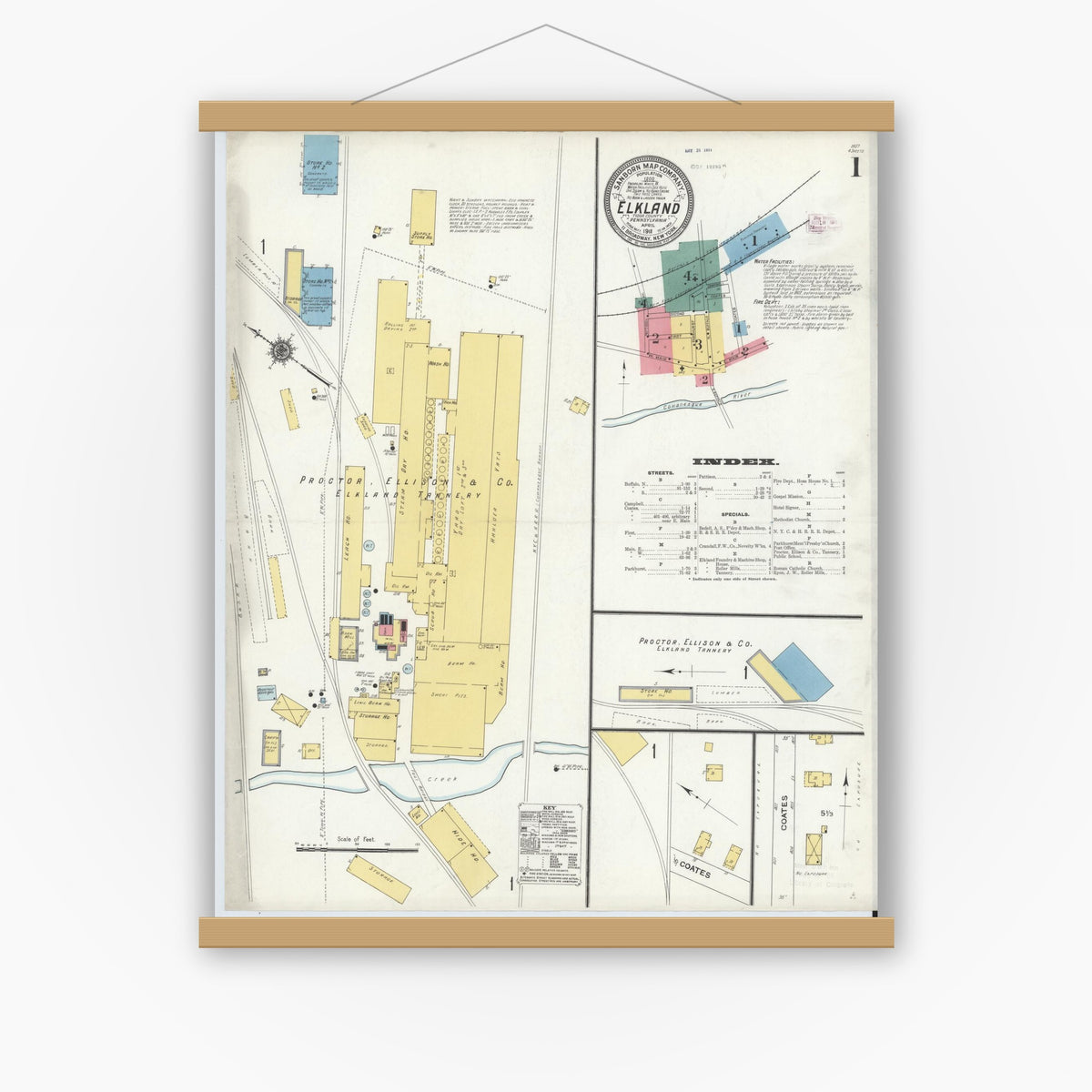 Old map wall art mockup — magnetic wood frame on white wall — Sanborn Fire Insurance Map from Elkland, Tioga County, Pennsylvania (1911) - Complete Map Set