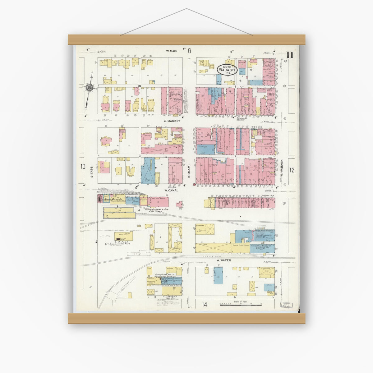 Old map wall art mockup — magnetic wood frame on white wall — Sanborn Fire Insurance Map from Wabash, Wabash County, Indiana (1910), Sheet #0011