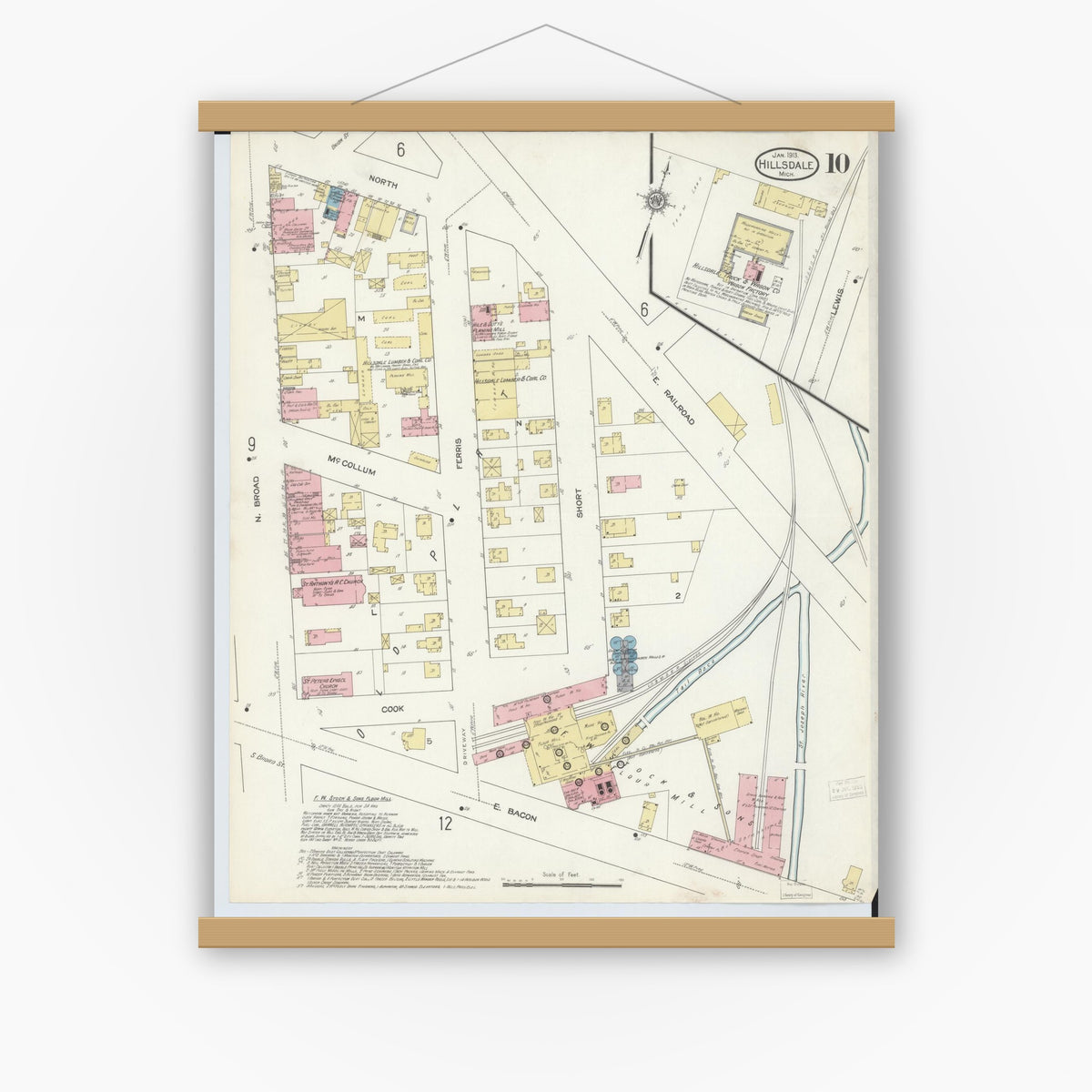 Old map wall art mockup — magnetic wood frame on white wall — Sanborn Fire Insurance Map from Hillsdale, Hillsdale County, Michigan (1913), Sheet #0010