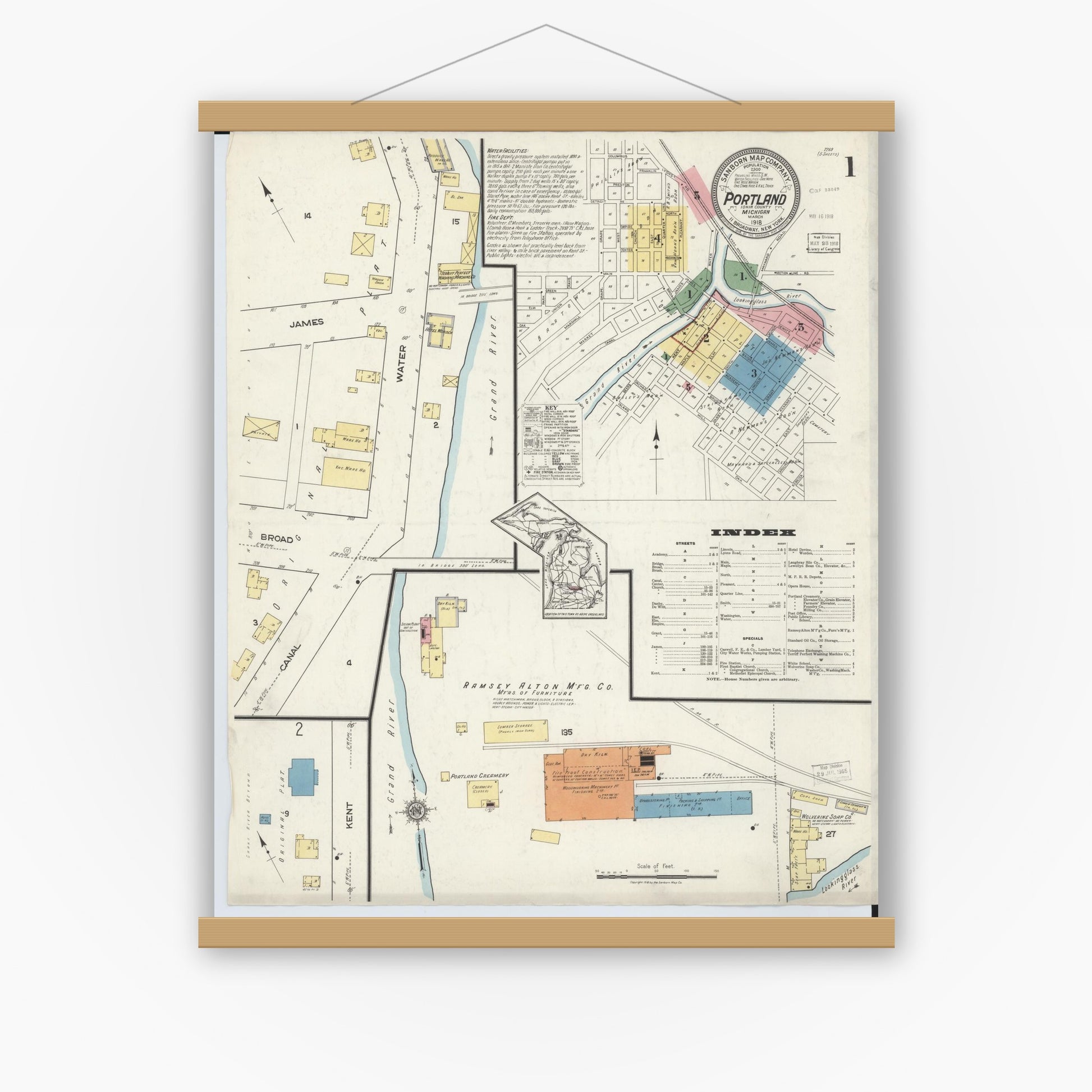 Old map wall art mockup — magnetic wood frame on white wall — Sanborn Fire Insurance Map from Portland, Ionia County, Michigan (1918) - Complete Map Set