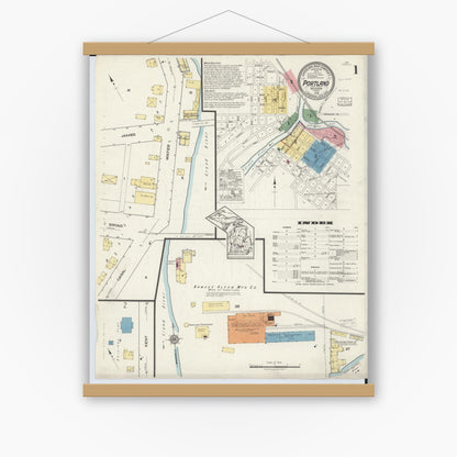 Old map wall art mockup — magnetic wood frame on white wall — Sanborn Fire Insurance Map from Portland, Ionia County, Michigan (1918) - Complete Map Set