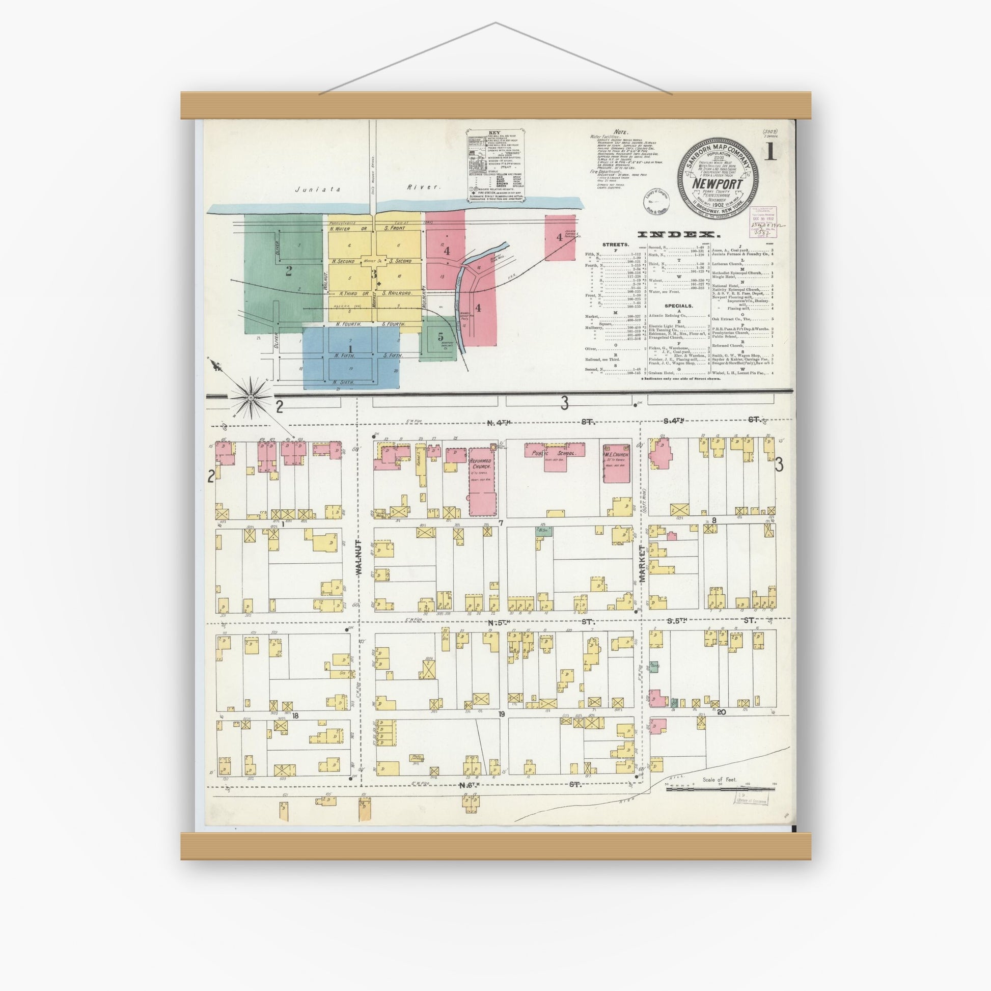 Old map wall art mockup — magnetic wood frame on white wall — Sanborn Fire Insurance Map from Newport, Perry County, Pennsylvania (1902) - Complete Map Set