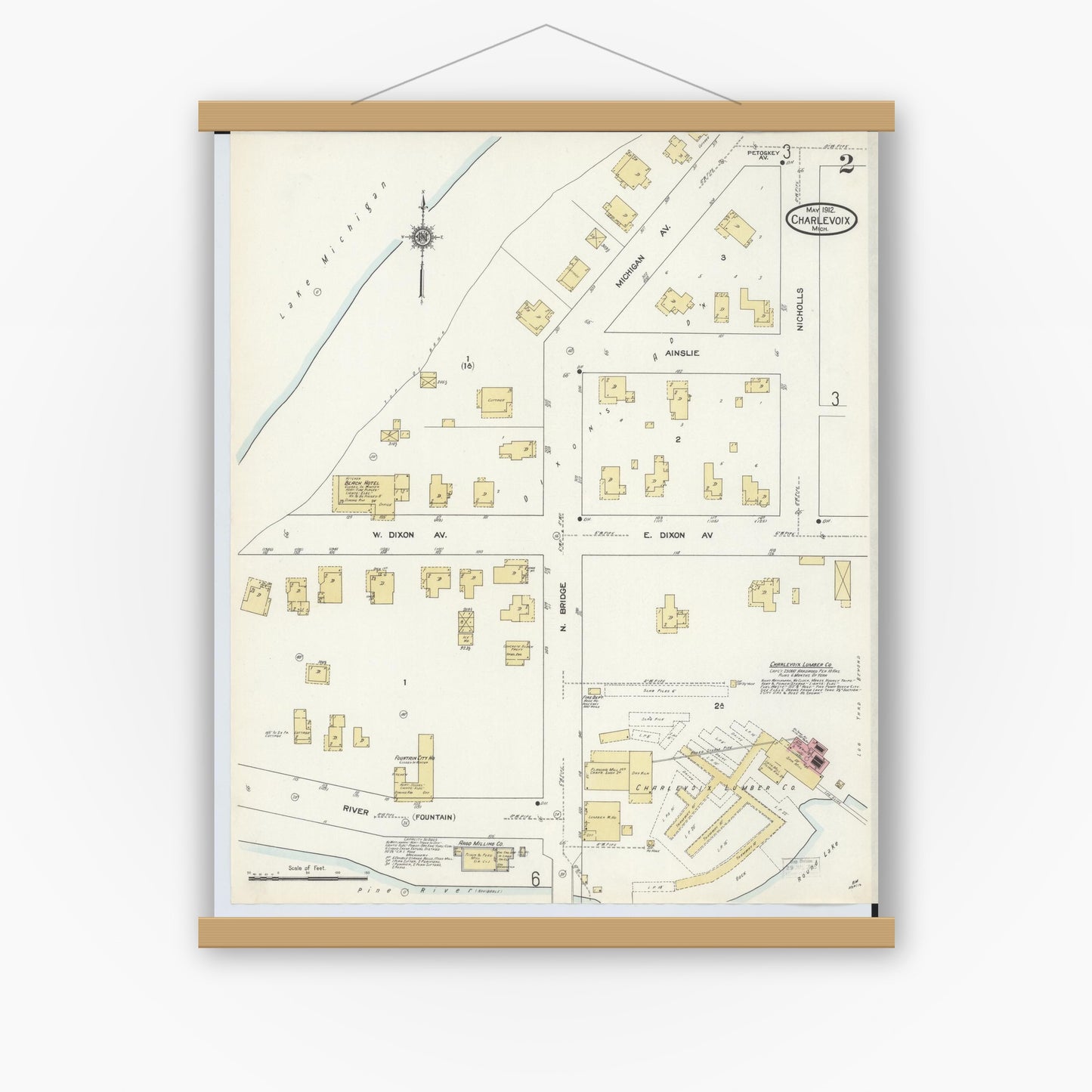 Old map wall art mockup — magnetic wood frame on white wall — Sanborn Fire Insurance Map from Charlevoix, Charlevoix County, Michigan (1912), Sheet #0002
