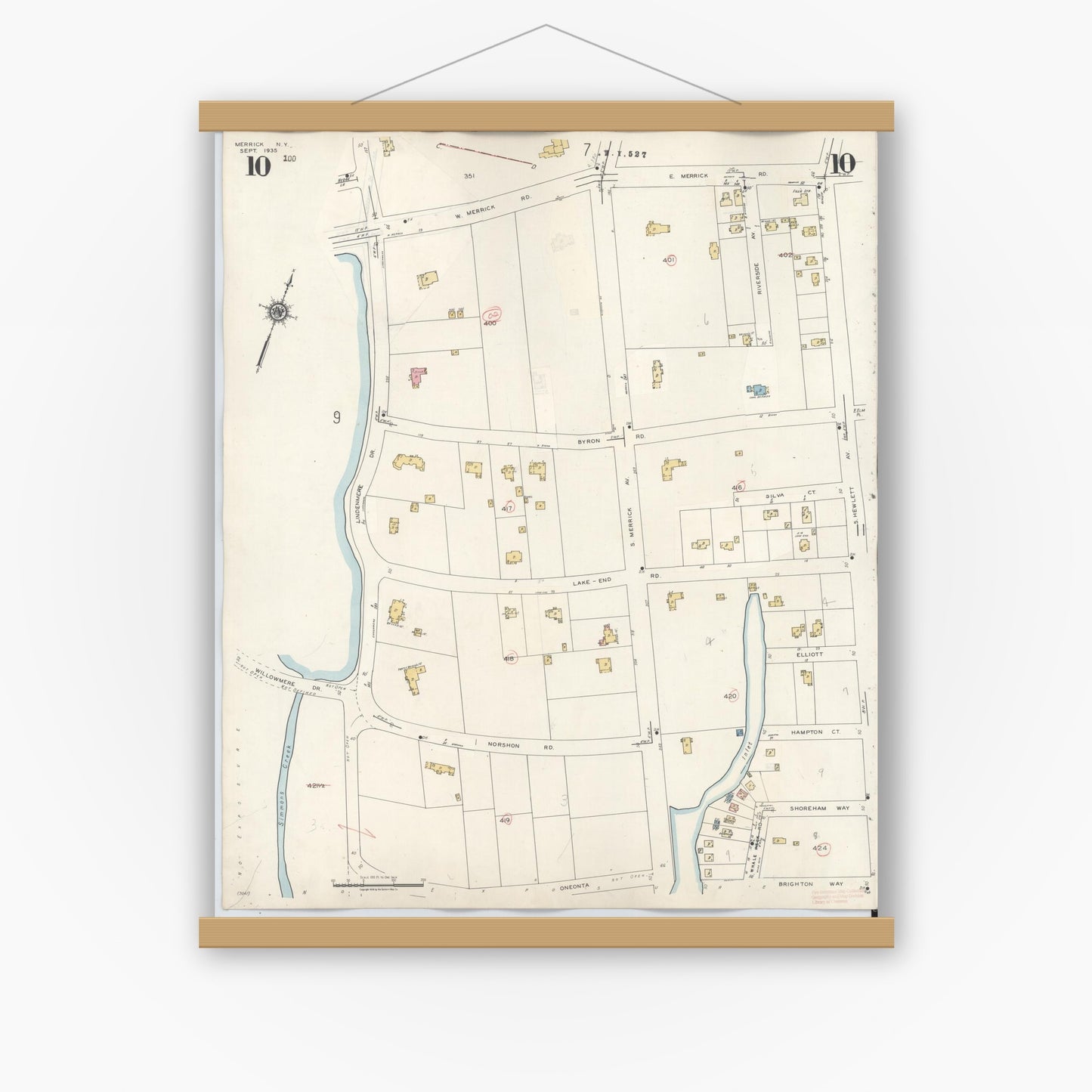 Old map wall art mockup — magnetic wood frame on white wall — Sanborn Fire Insurance Map from Merrick, Nassau County, New York (1947), Sheet #0010