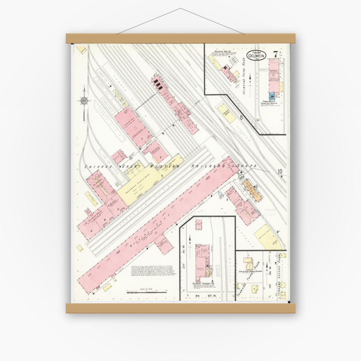Old map wall art mockup — magnetic wood frame on white wall — Sanborn Fire Insurance Map from Oelwein, Fayette County, Iowa (1914), Sheet #0007