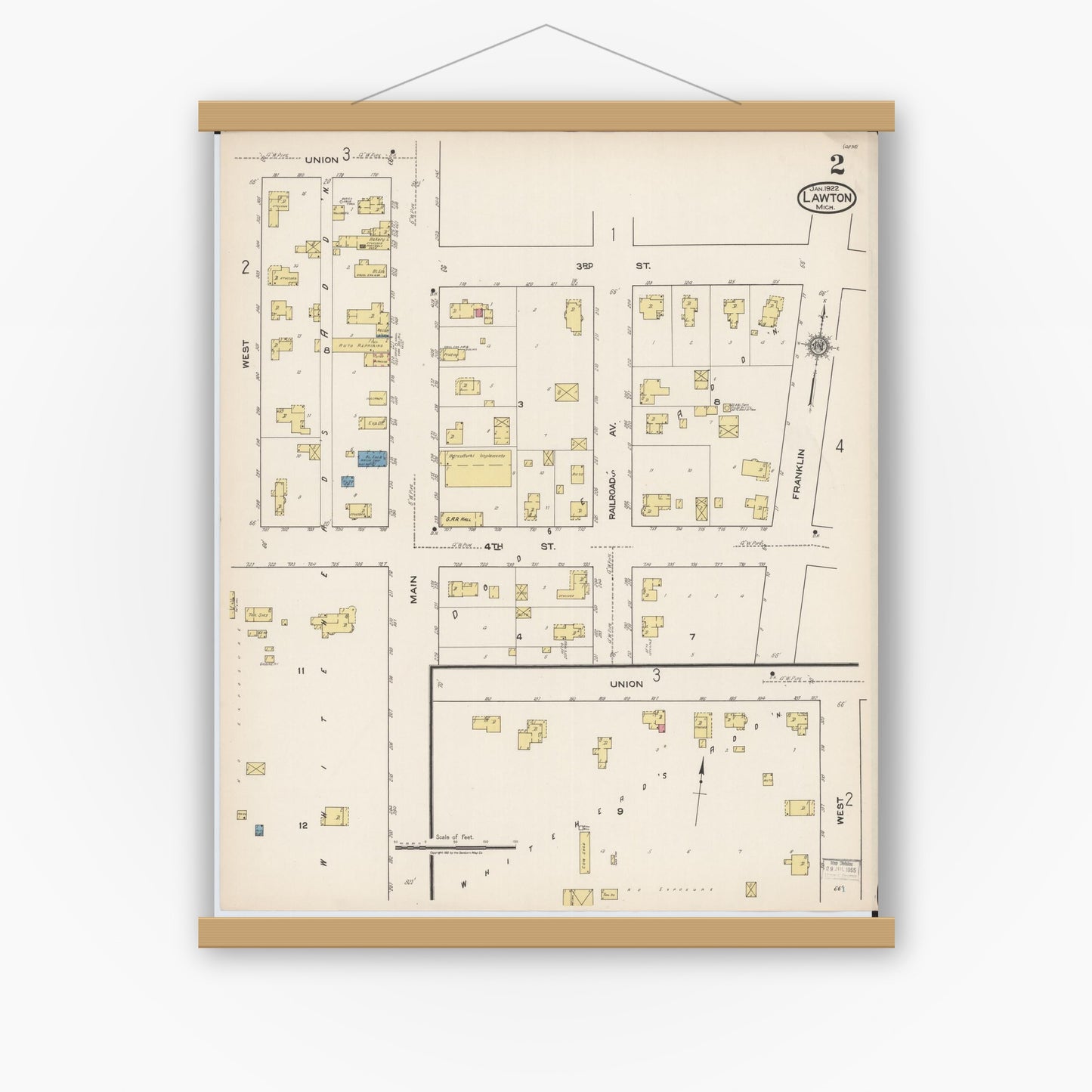 Old map wall art mockup — magnetic wood frame on white wall — Sanborn Fire Insurance Map from Lawton, Van Buren County, Michigan (1922), Sheet #0002