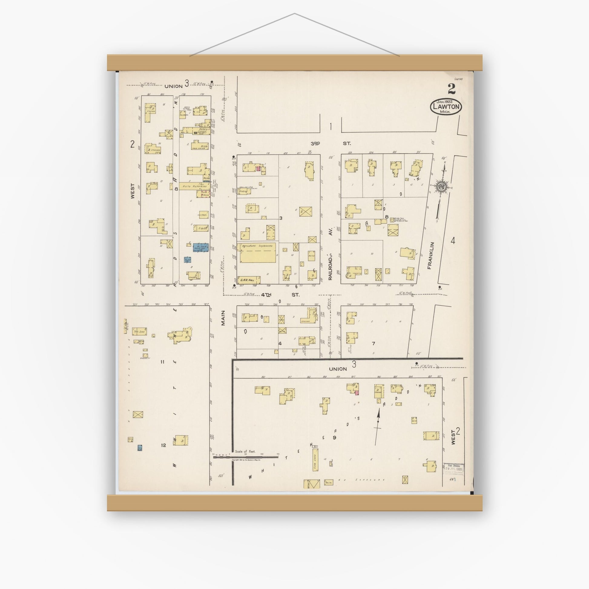 Old map wall art mockup — magnetic wood frame on white wall — Sanborn Fire Insurance Map from Lawton, Van Buren County, Michigan (1922), Sheet #0002