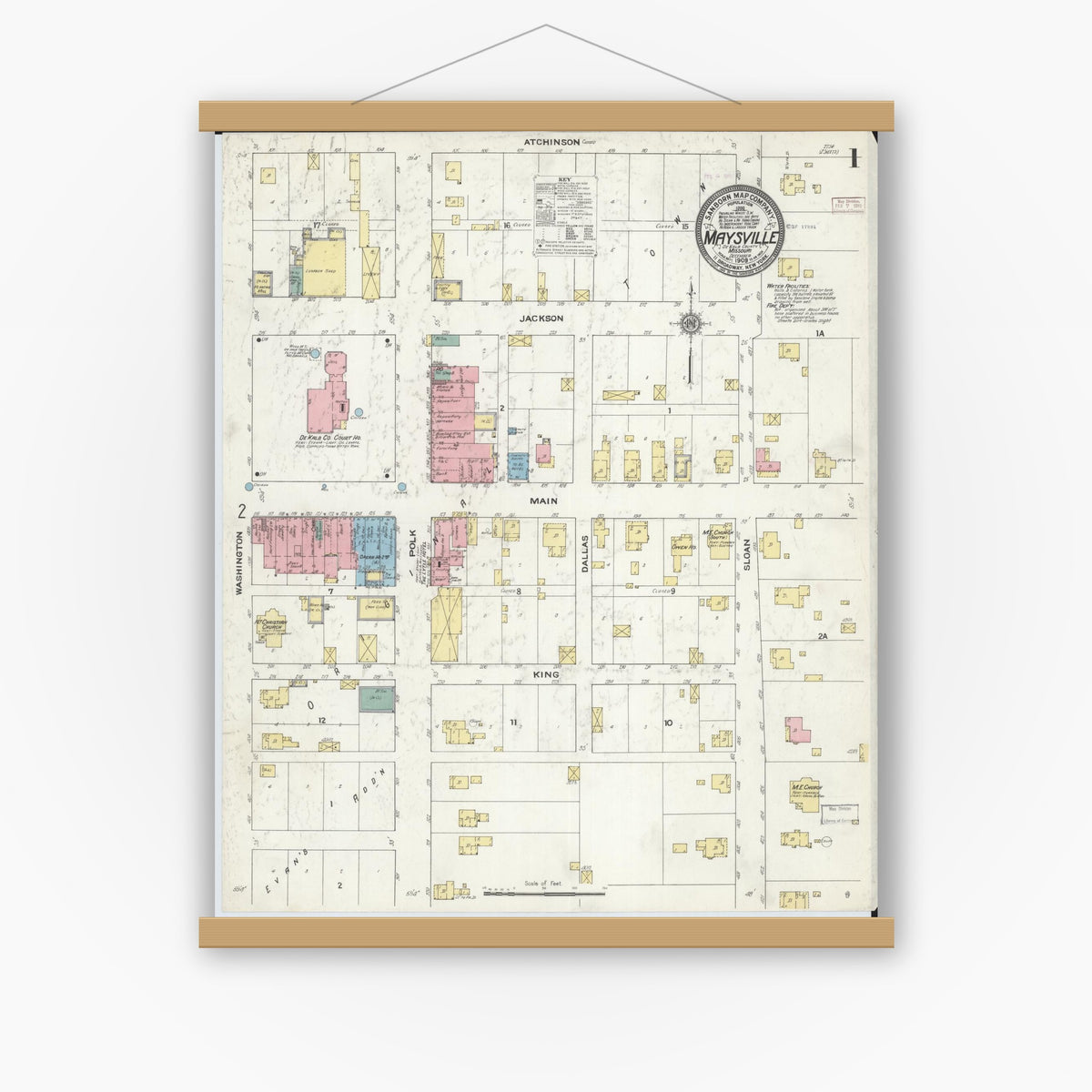 Old map wall art mockup — magnetic wood frame on white wall — Sanborn Fire Insurance Map from Maysville, DeKalb County, Missouri (1909), Sheet #0001