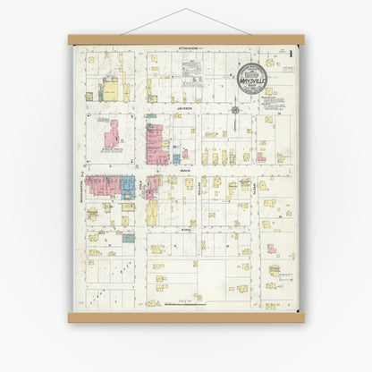 Old map wall art mockup — magnetic wood frame on white wall — Sanborn Fire Insurance Map from Maysville, DeKalb County, Missouri (1909), Sheet #0001