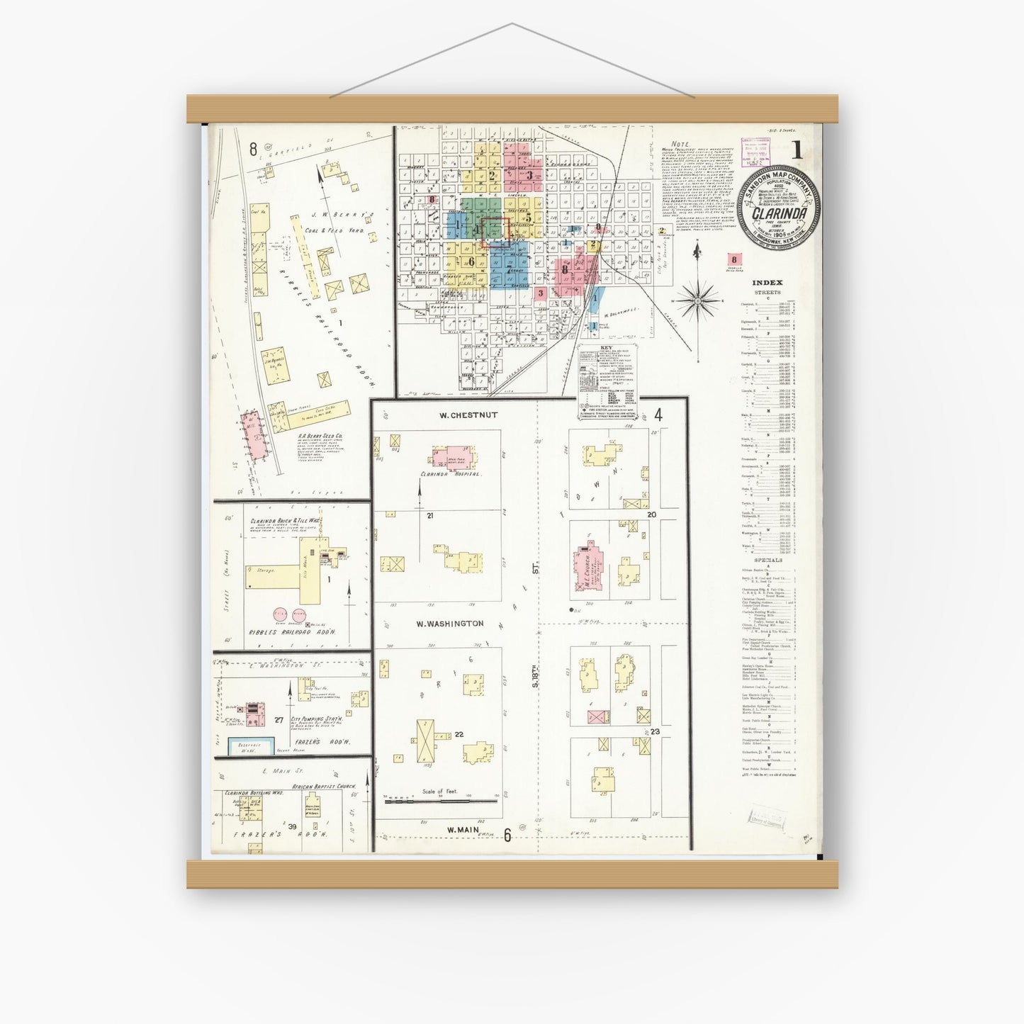 Old map wall art mockup — magnetic wood frame on white wall — Sanborn Fire Insurance Map from Clarinda, Page County, Iowa (1906), Sheet #0001