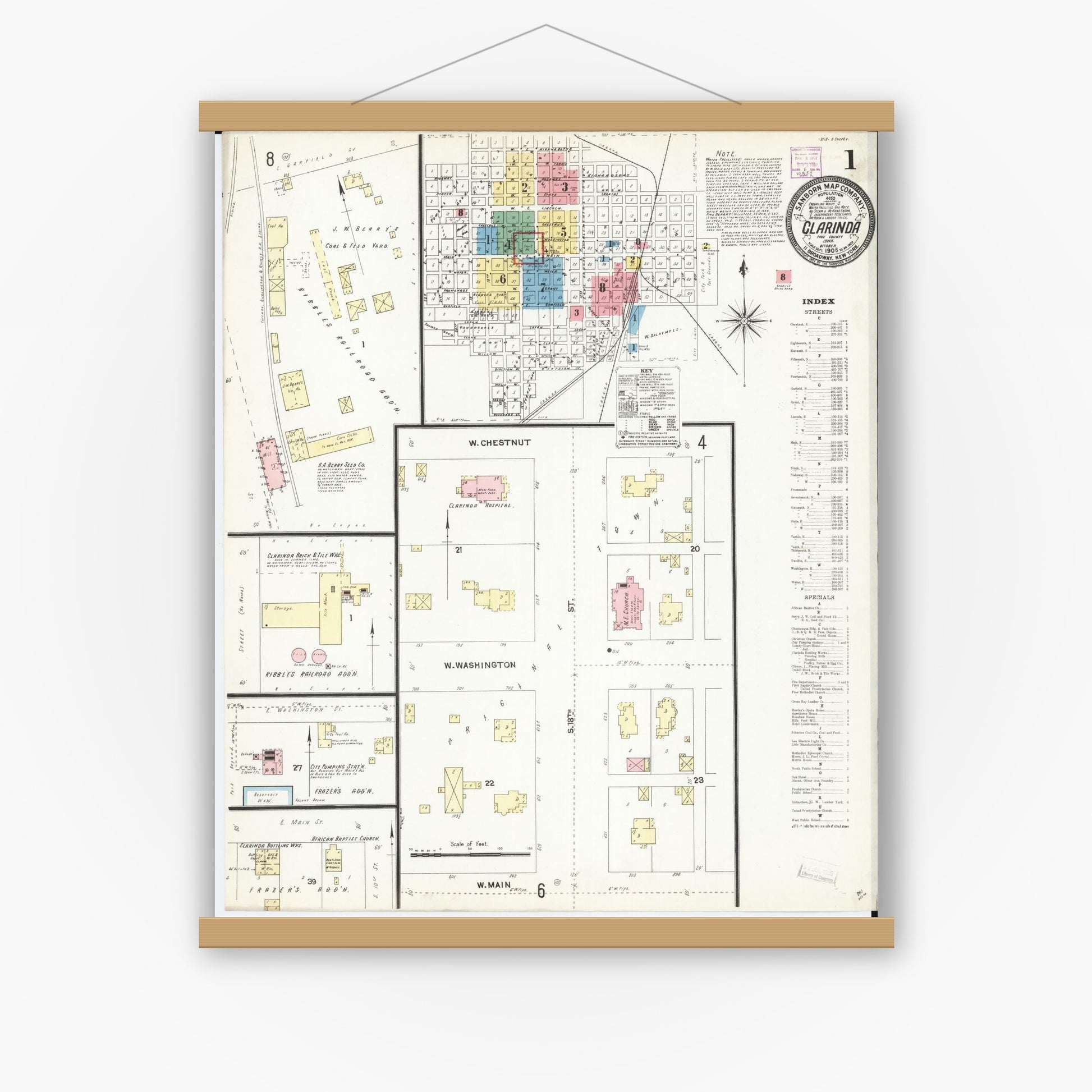 Old map wall art mockup — magnetic wood frame on white wall — Sanborn Fire Insurance Map from Clarinda, Page County, Iowa (1906), Sheet #0001