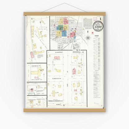 Old map wall art mockup — magnetic wood frame on white wall — Sanborn Fire Insurance Map from Clarinda, Page County, Iowa (1906), Sheet #0001