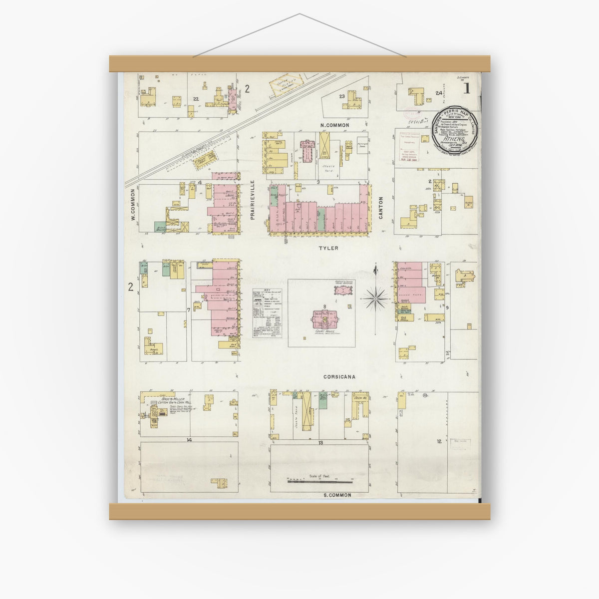 Old map wall art mockup — magnetic wood frame on white wall — Sanborn Fire Insurance Map from Athens, Henderson County, Texas (1896), Sheet #0001