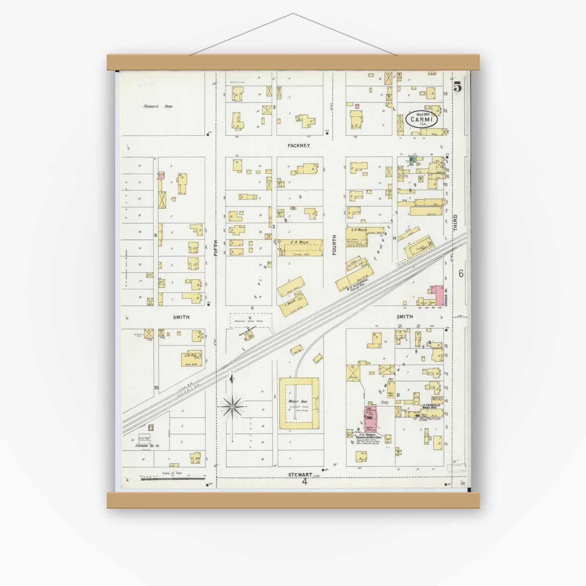Old map wall art mockup — magnetic wood frame on white wall — Sanborn Fire Insurance Map from Carmi, White County, Illinois (1899), Sheet #0005