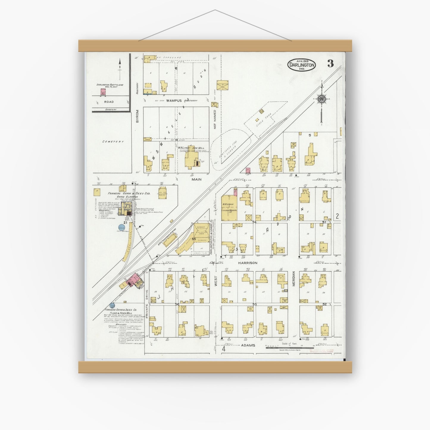 Old map wall art mockup — magnetic wood frame on white wall — Sanborn Fire Insurance Map from Darlington, Montgomery County, Indiana (1919), Sheet #0003