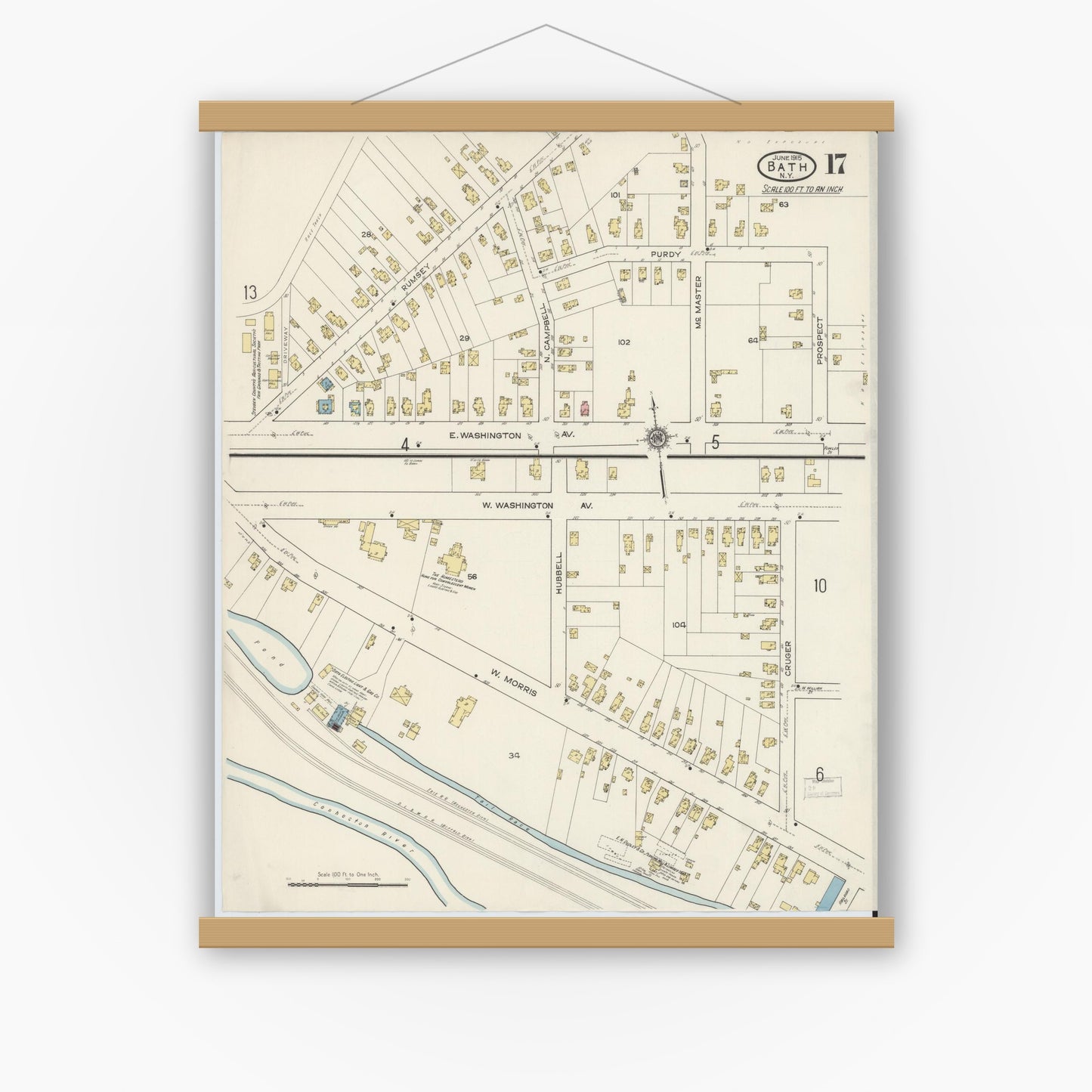 Old map wall art mockup — magnetic wood frame on white wall — Sanborn Fire Insurance Map from Bath, Steuben County, New York (1915), Sheet #0017