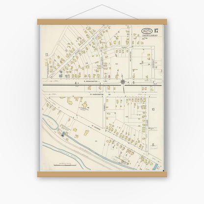 Old map wall art mockup — magnetic wood frame on white wall — Sanborn Fire Insurance Map from Bath, Steuben County, New York (1915), Sheet #0017